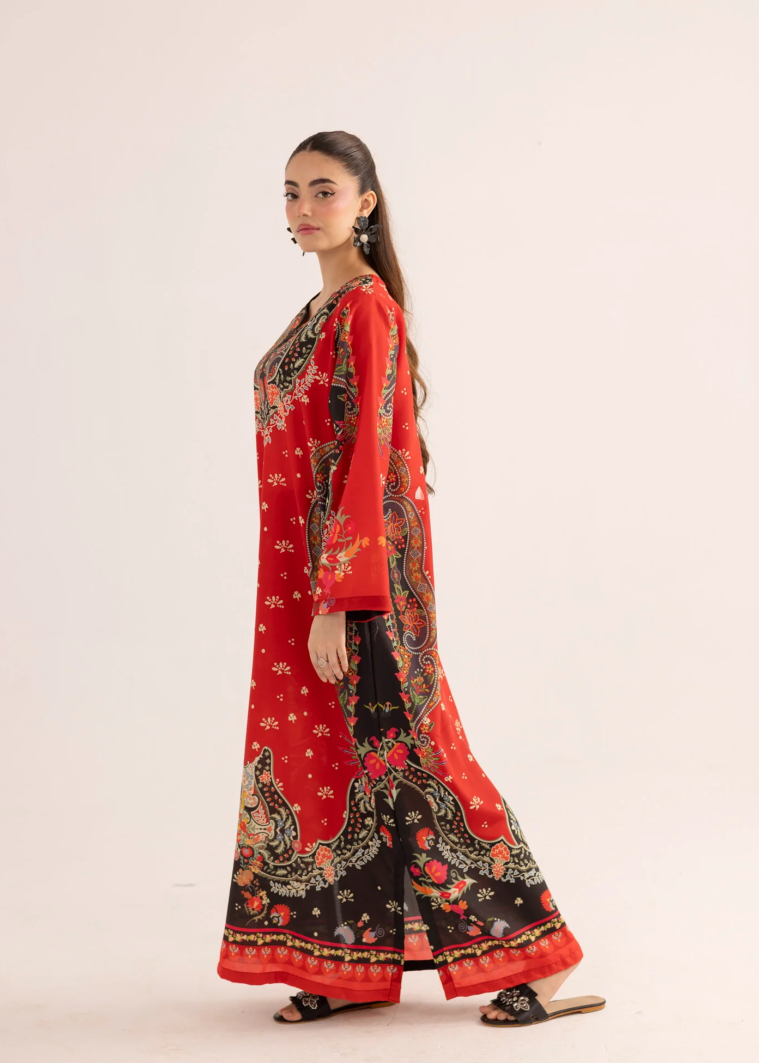 silk finish lawn Kaftan in Sunset orange