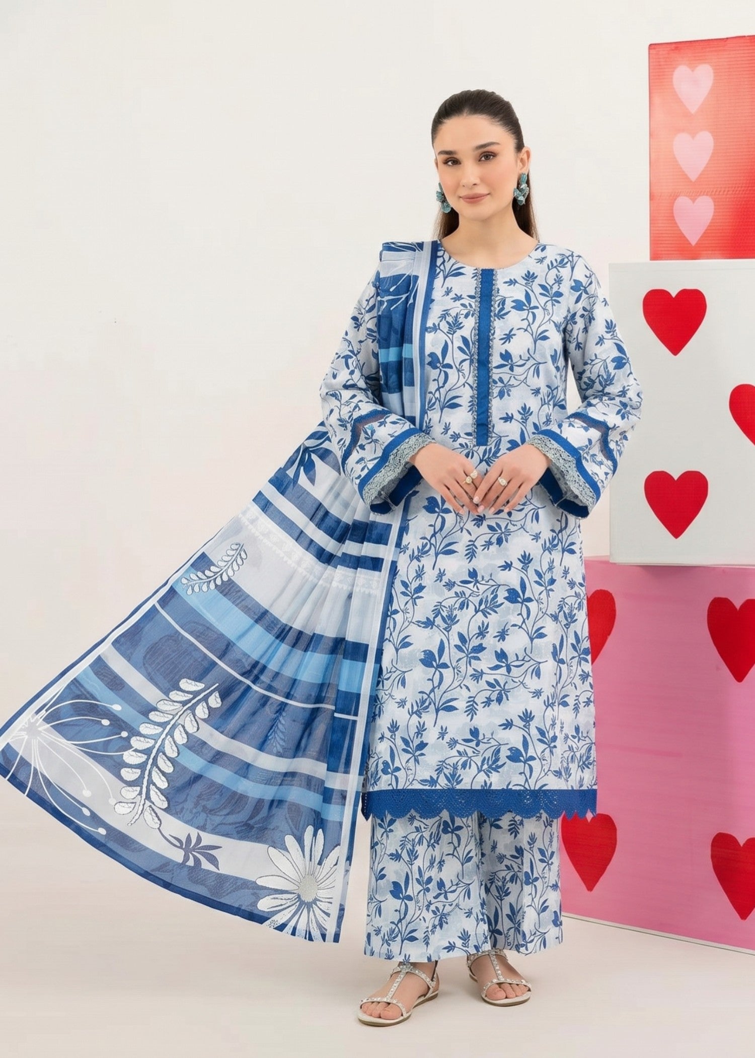 lawn Kurta Set in Ice blue, cobalt blue