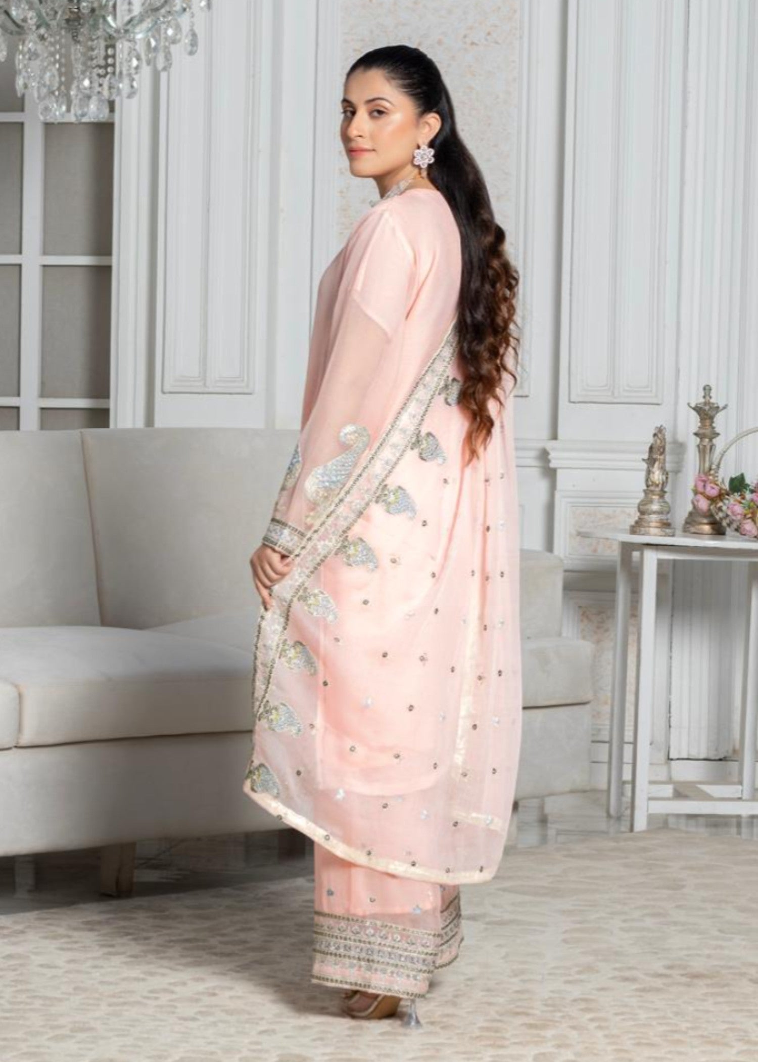 polyester chiffon Kurta Set in Peach orange