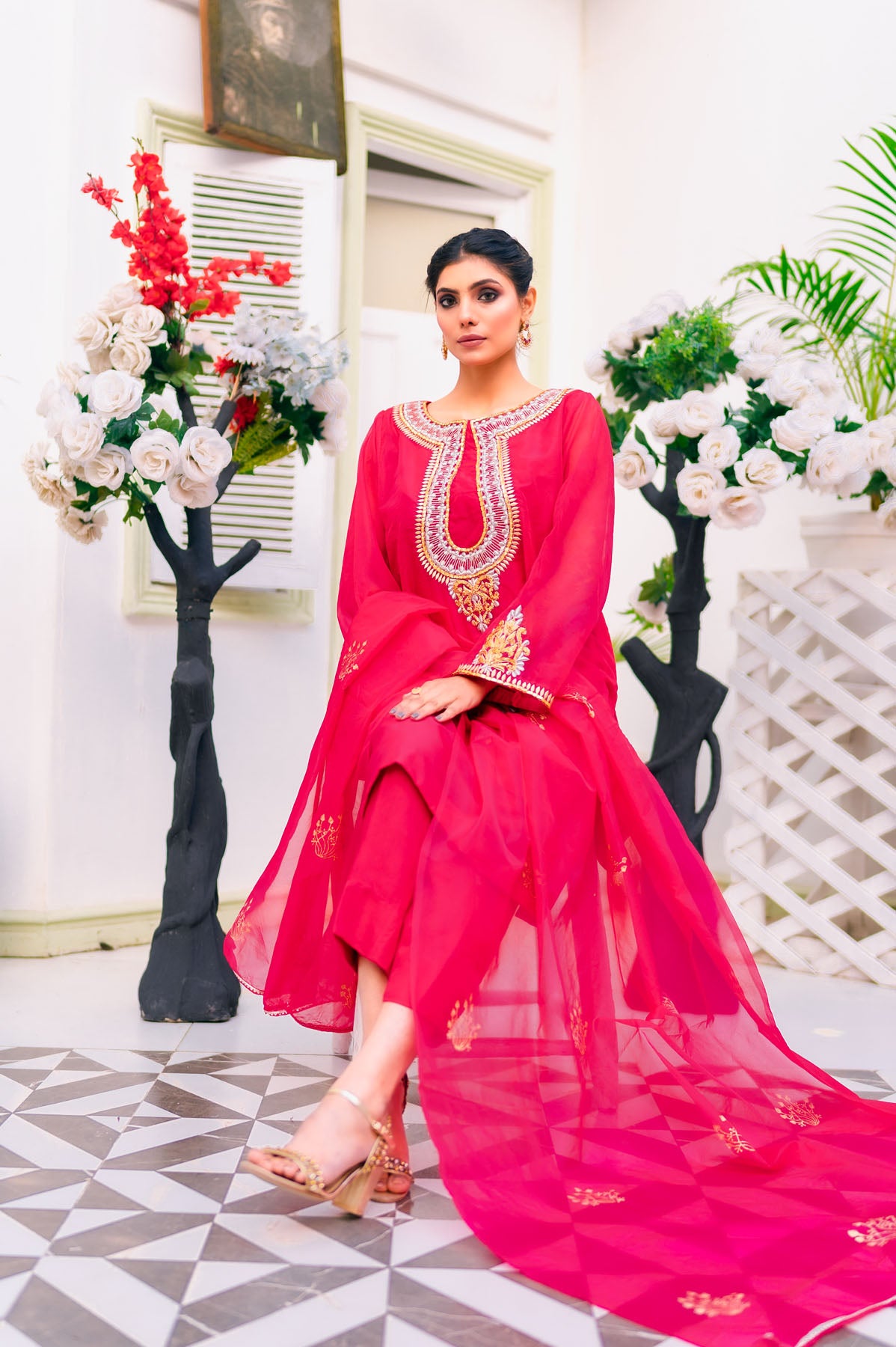 organza Kurta Set in Shocking pink