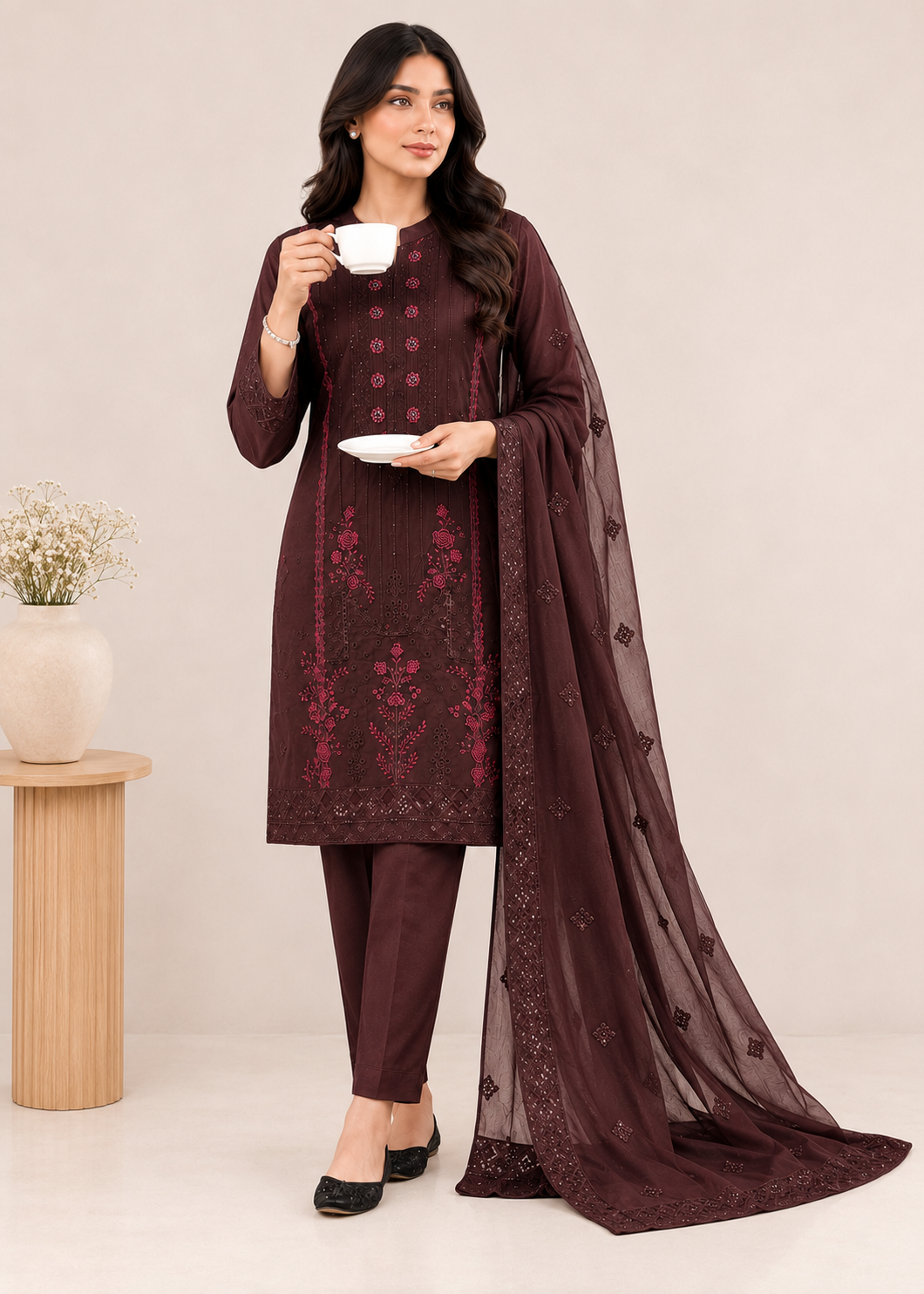 cotton Kurta Set in Dark brown