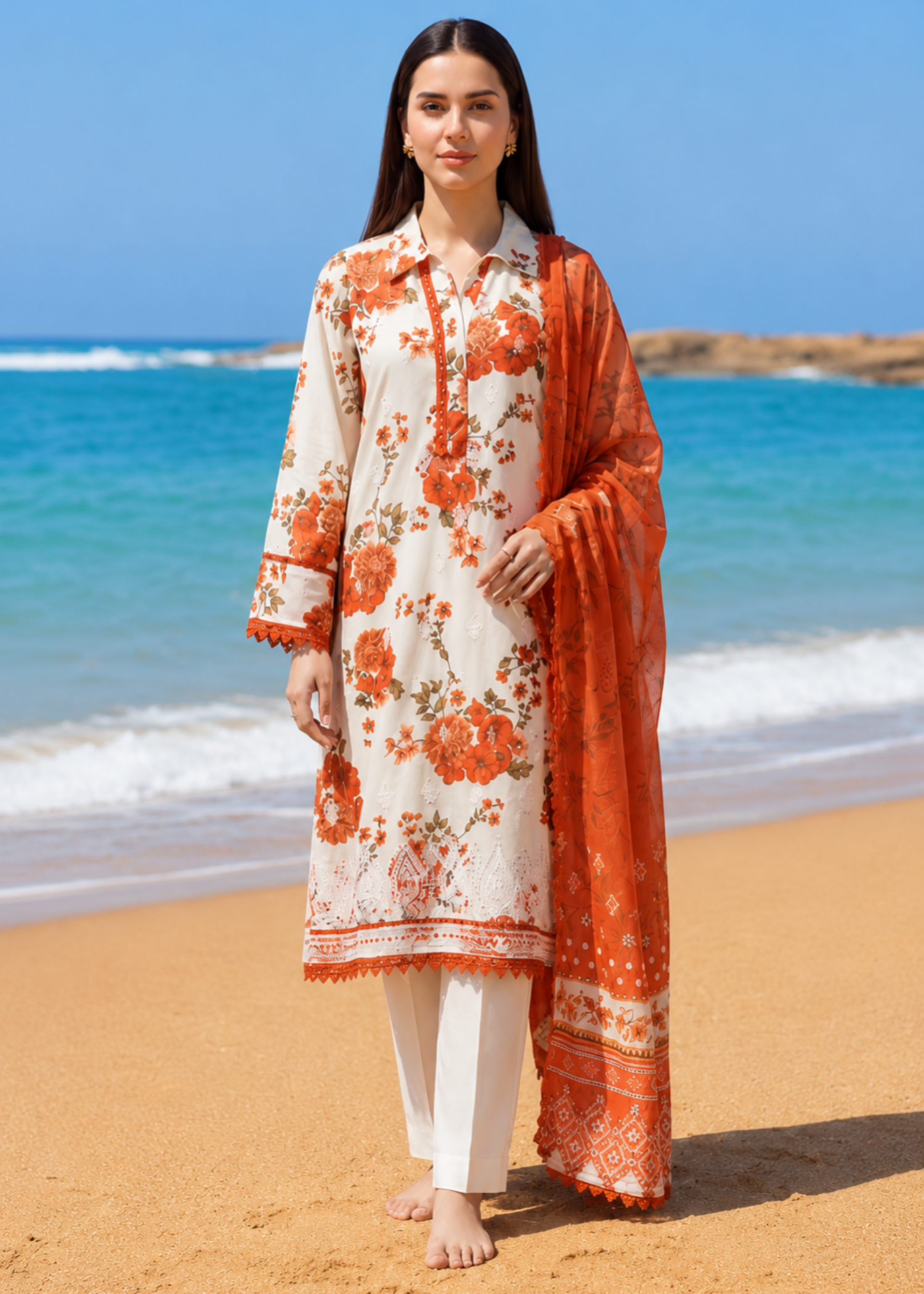lawn Kurta Set in White, pumpkin orange