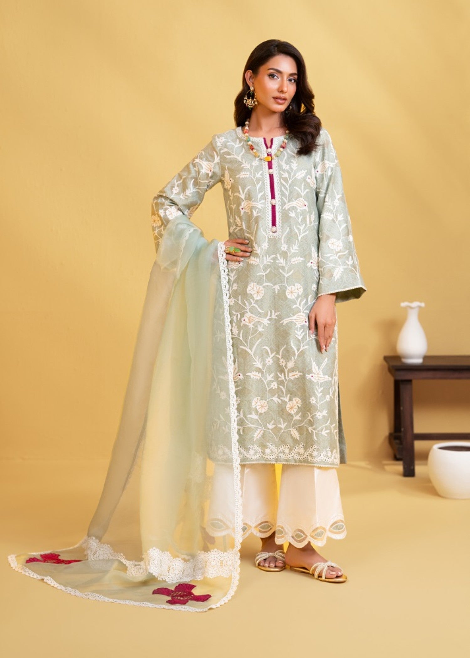 jacquard Kurta Set in Sage green