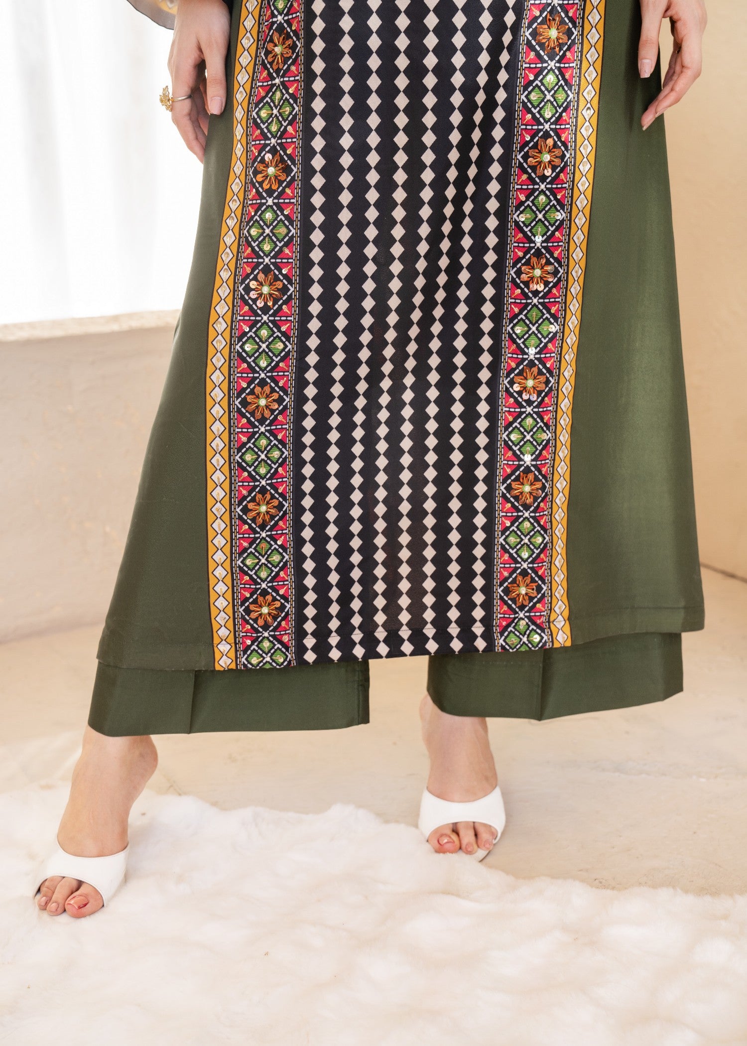 silk grip Kurta Set in Walnut brown, coral orange, olive green