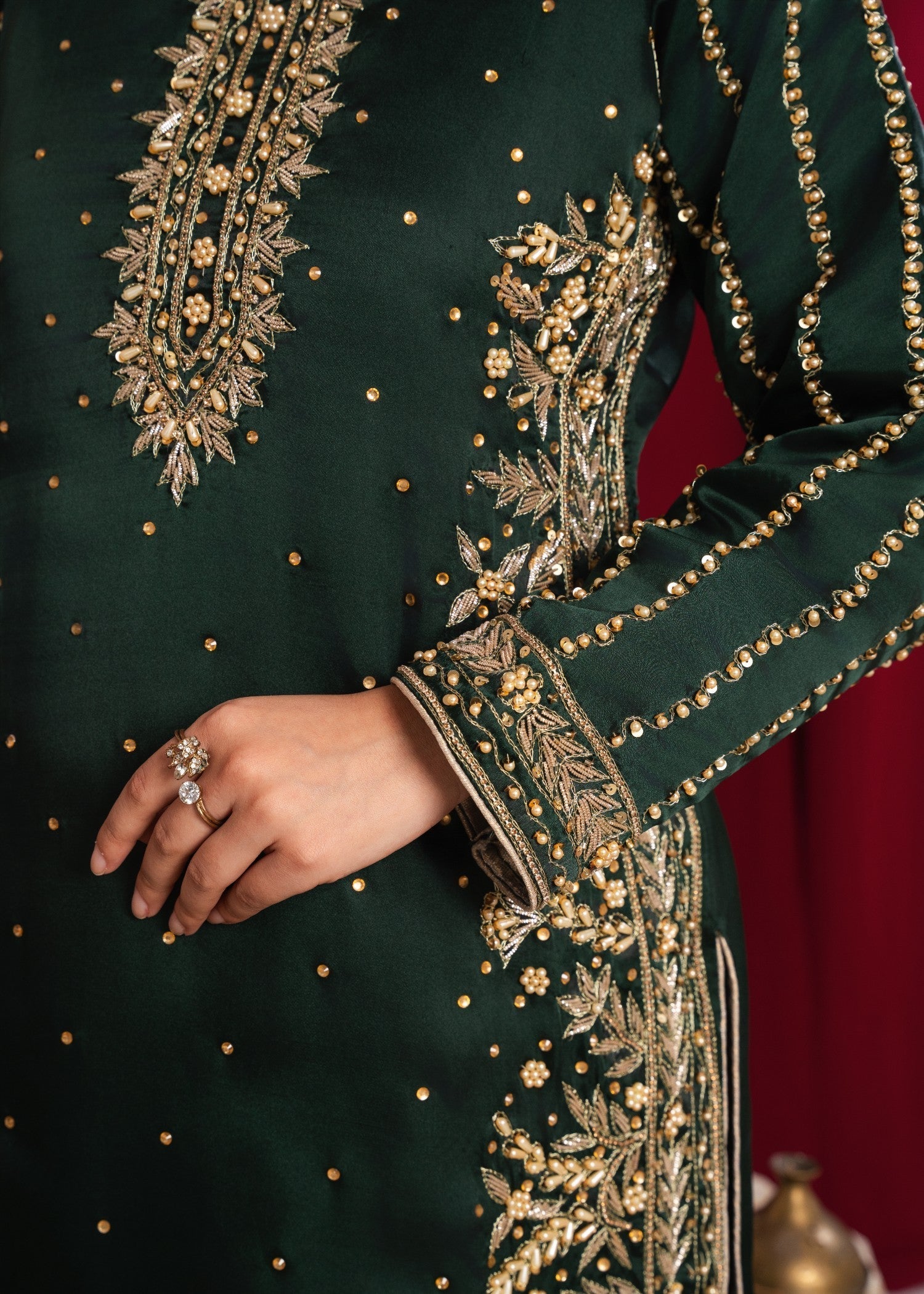 silk charmeuse Kurta Set in Bottle green