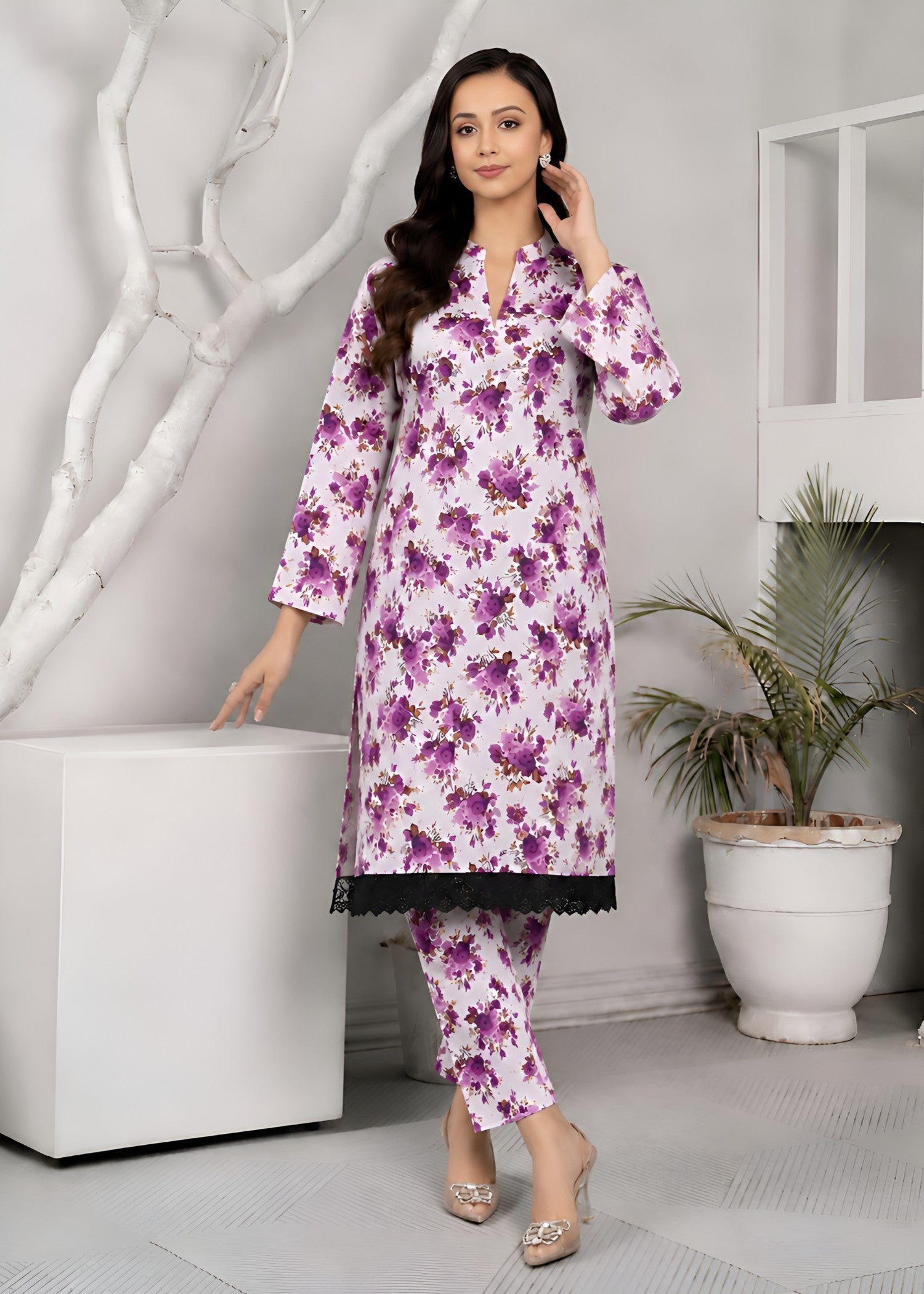linen Co Ord Sets in White, purple heart