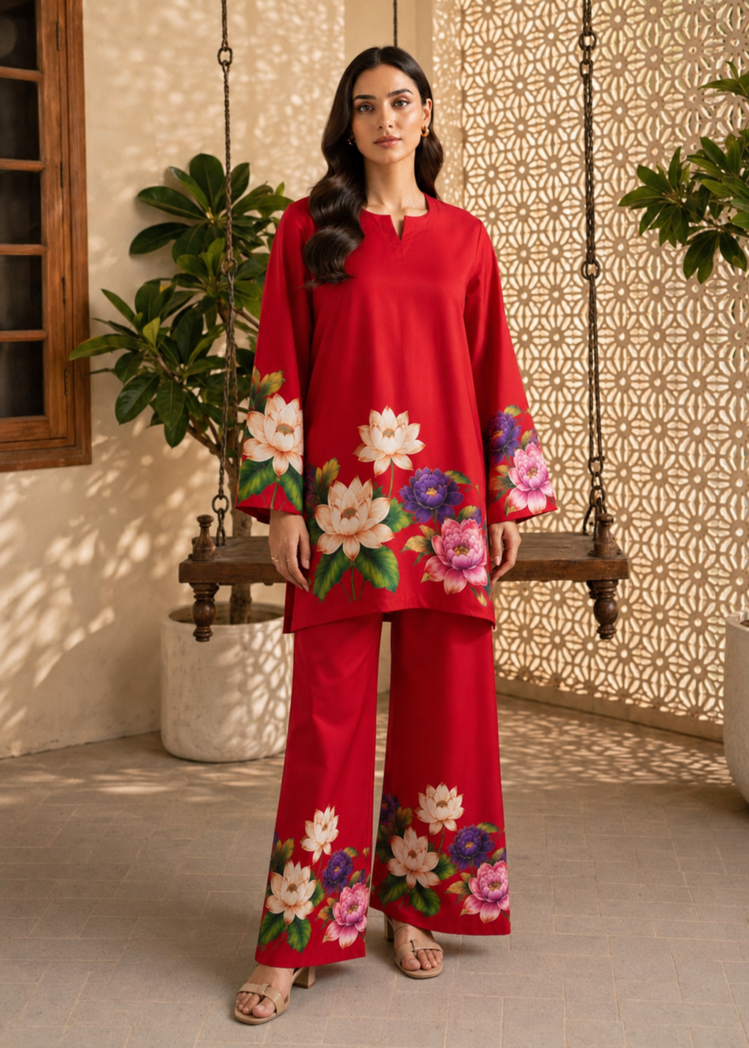 poly lawn Co Ord Sets in Red