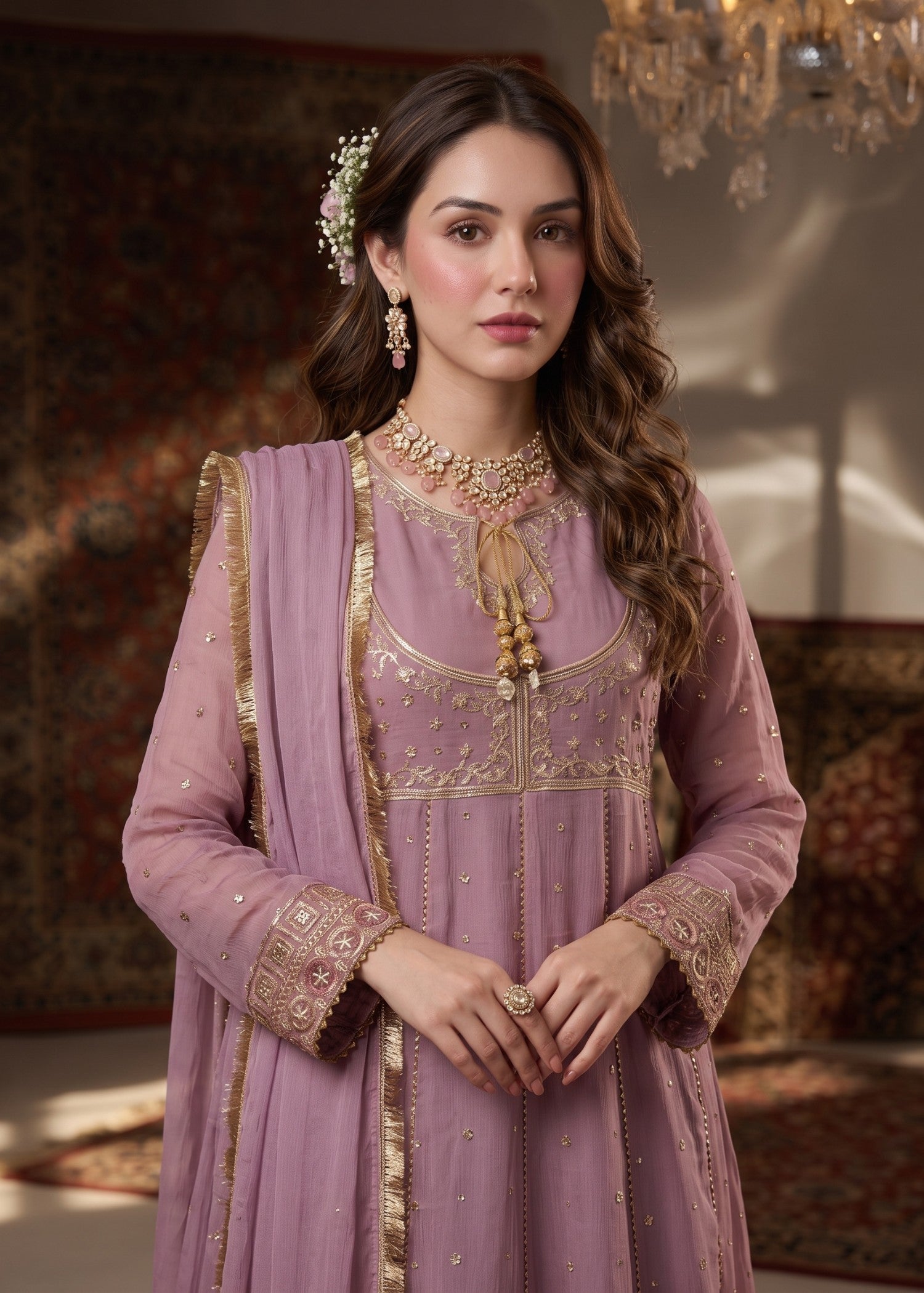 chiffon Anarkali in Mauve pink