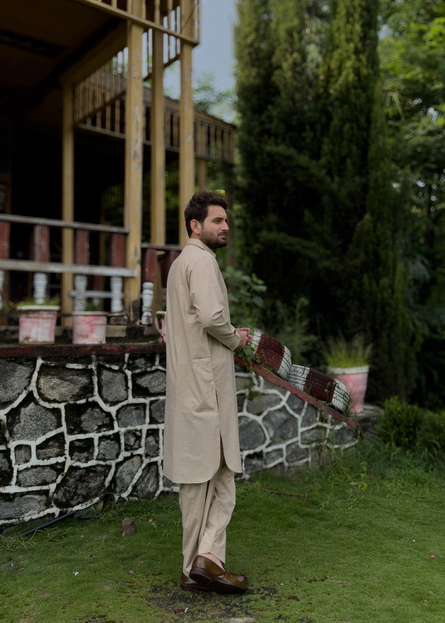 blended karandi Shalwar Kameez in Beige