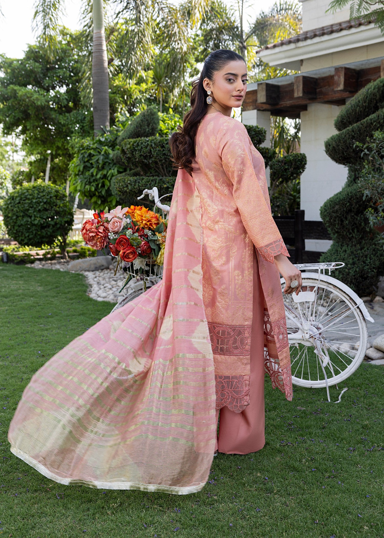 jacquard Kurta Set in Coral orange