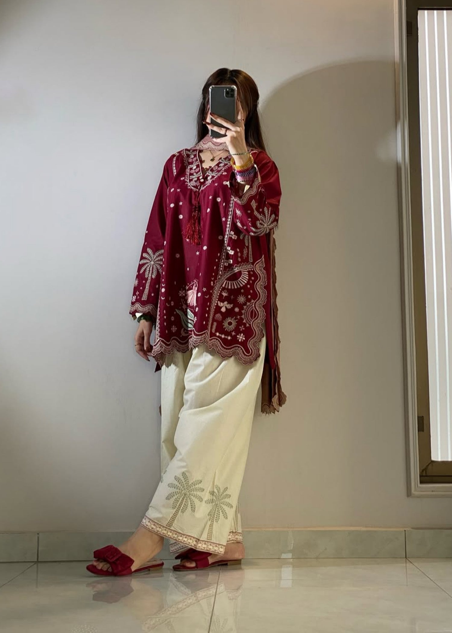 linen Kurta Set in White, maroon