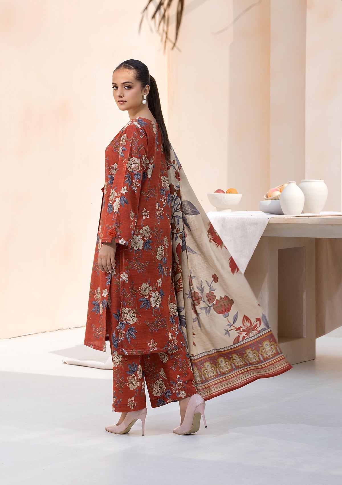 khaddar Kurta Set in Rust red