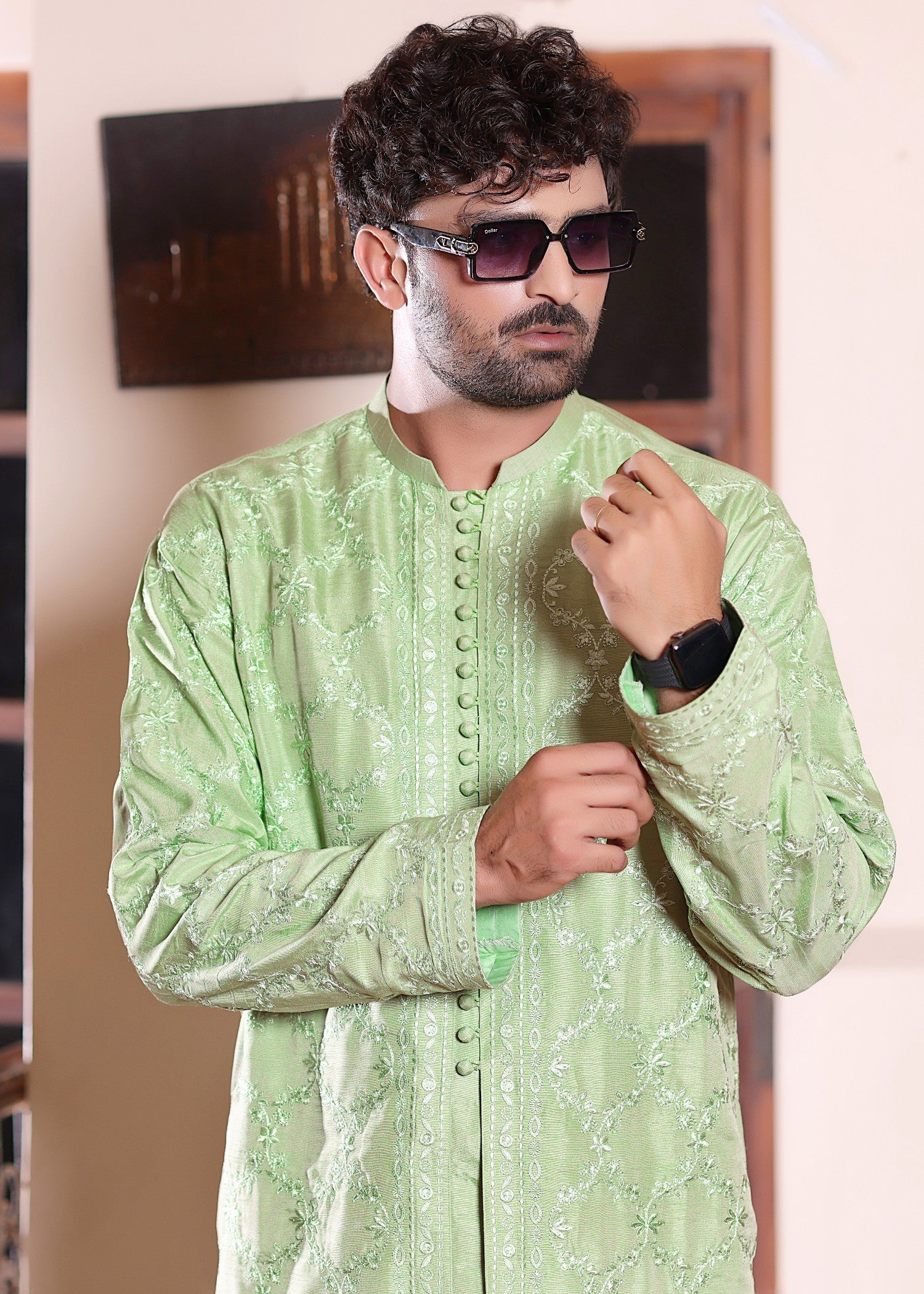 raw silk Kurta Set in Pistachio green