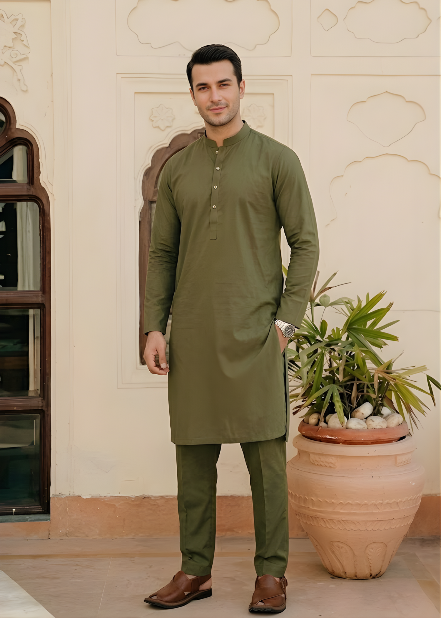 cotton Kurta Set in Olive green by Pinstripe