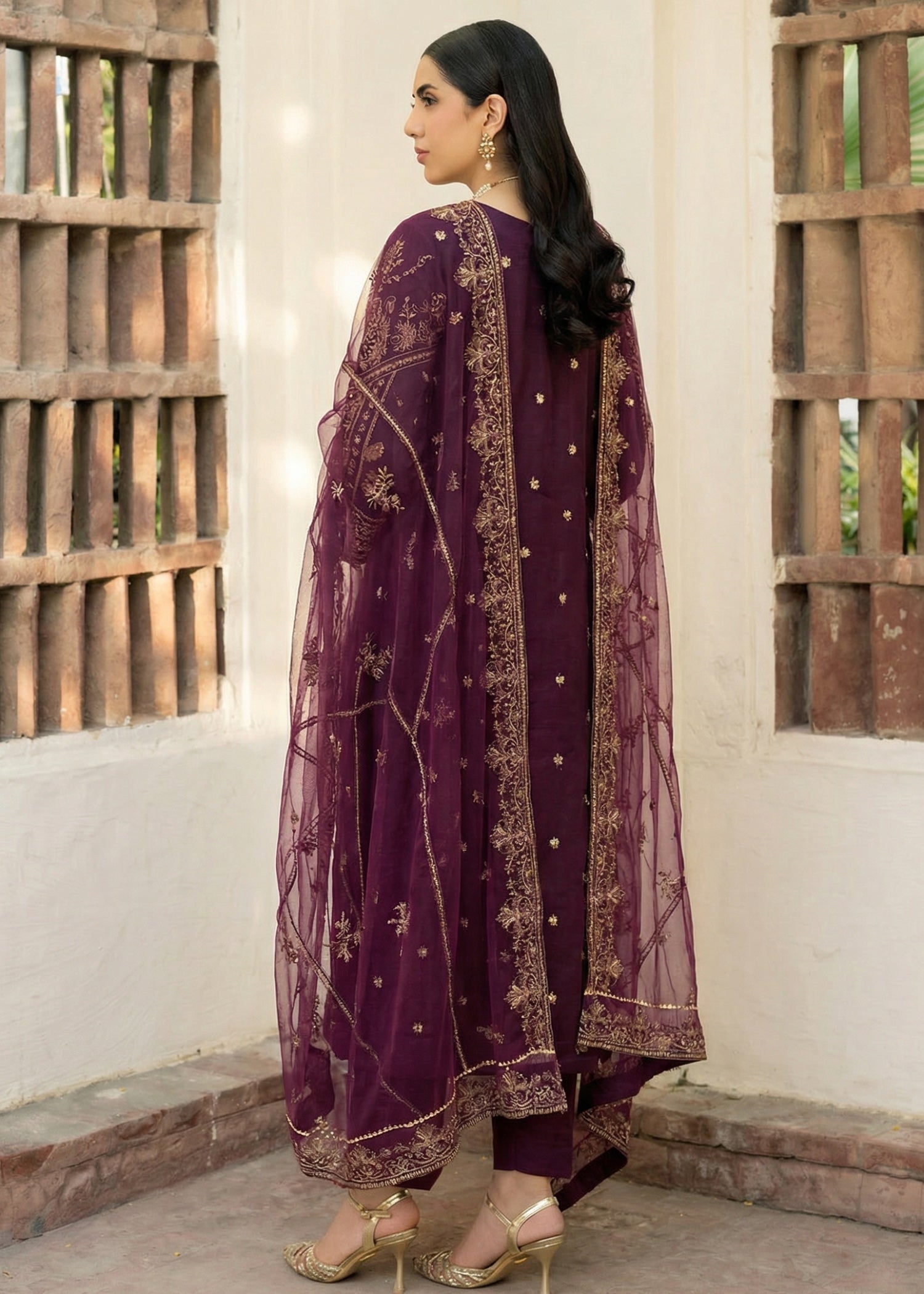 net Kurta Set in Plum