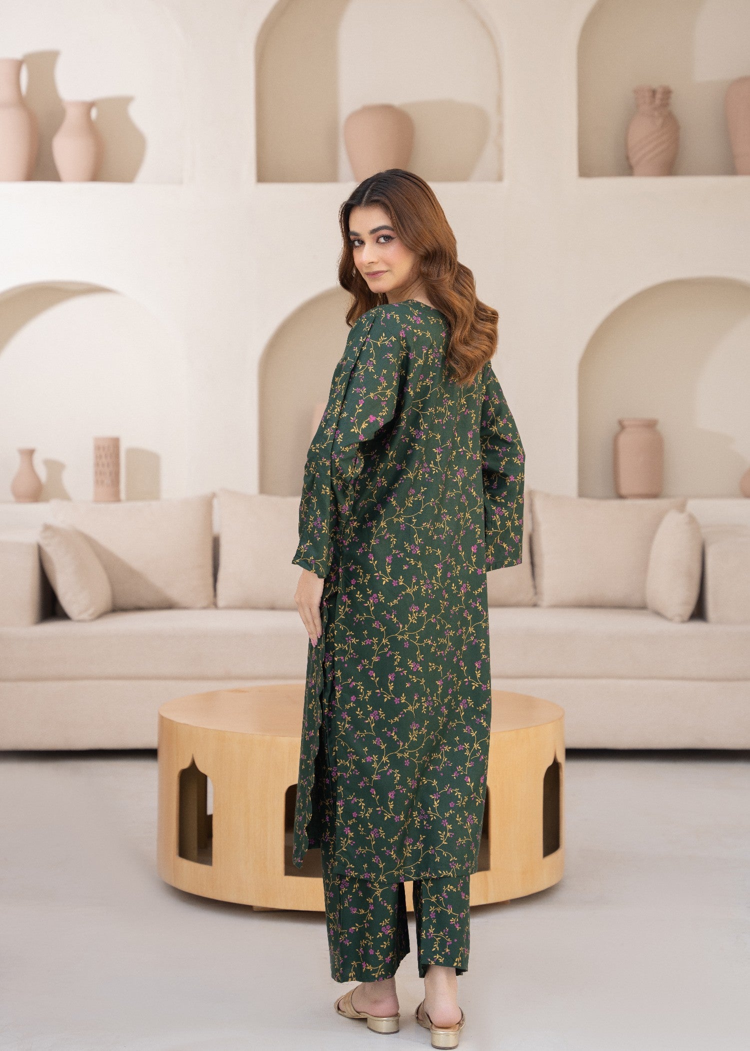 linen Kurta Set in Bottle green