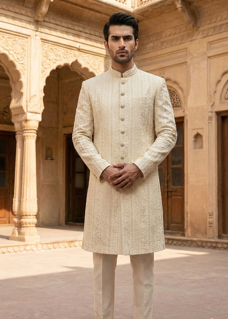 silk Sherwani in White, gold, ivory by Dulha Fashion House