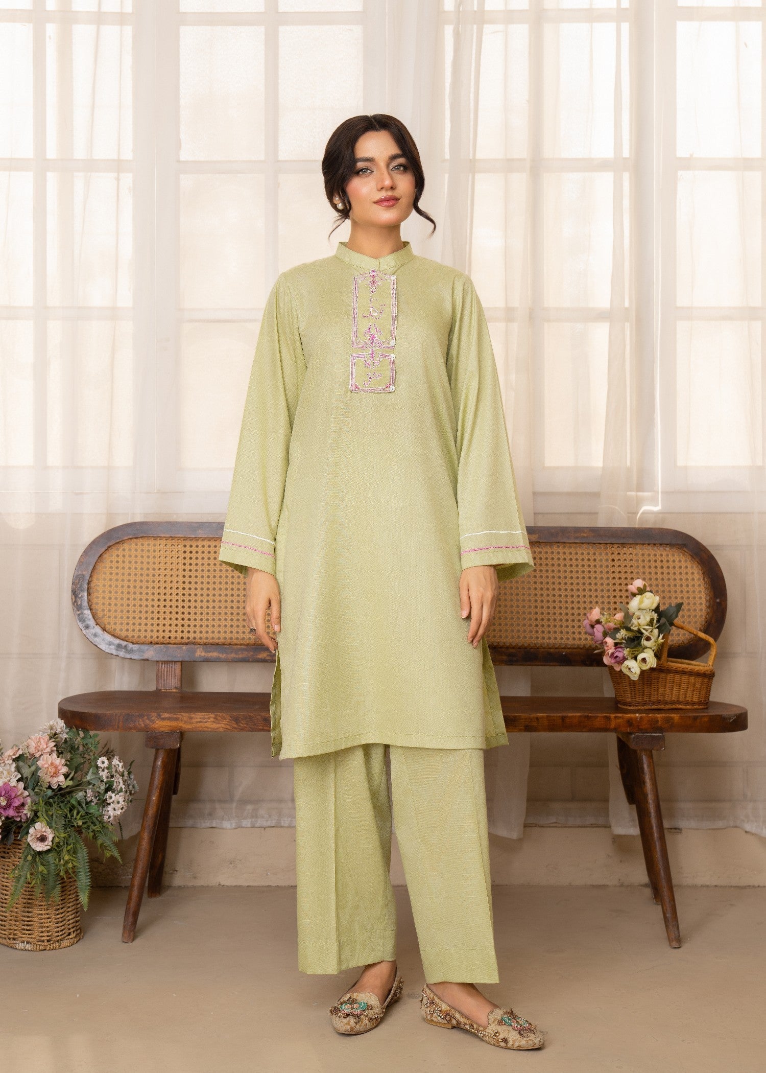 slub cambric Kurta Set in Mint green