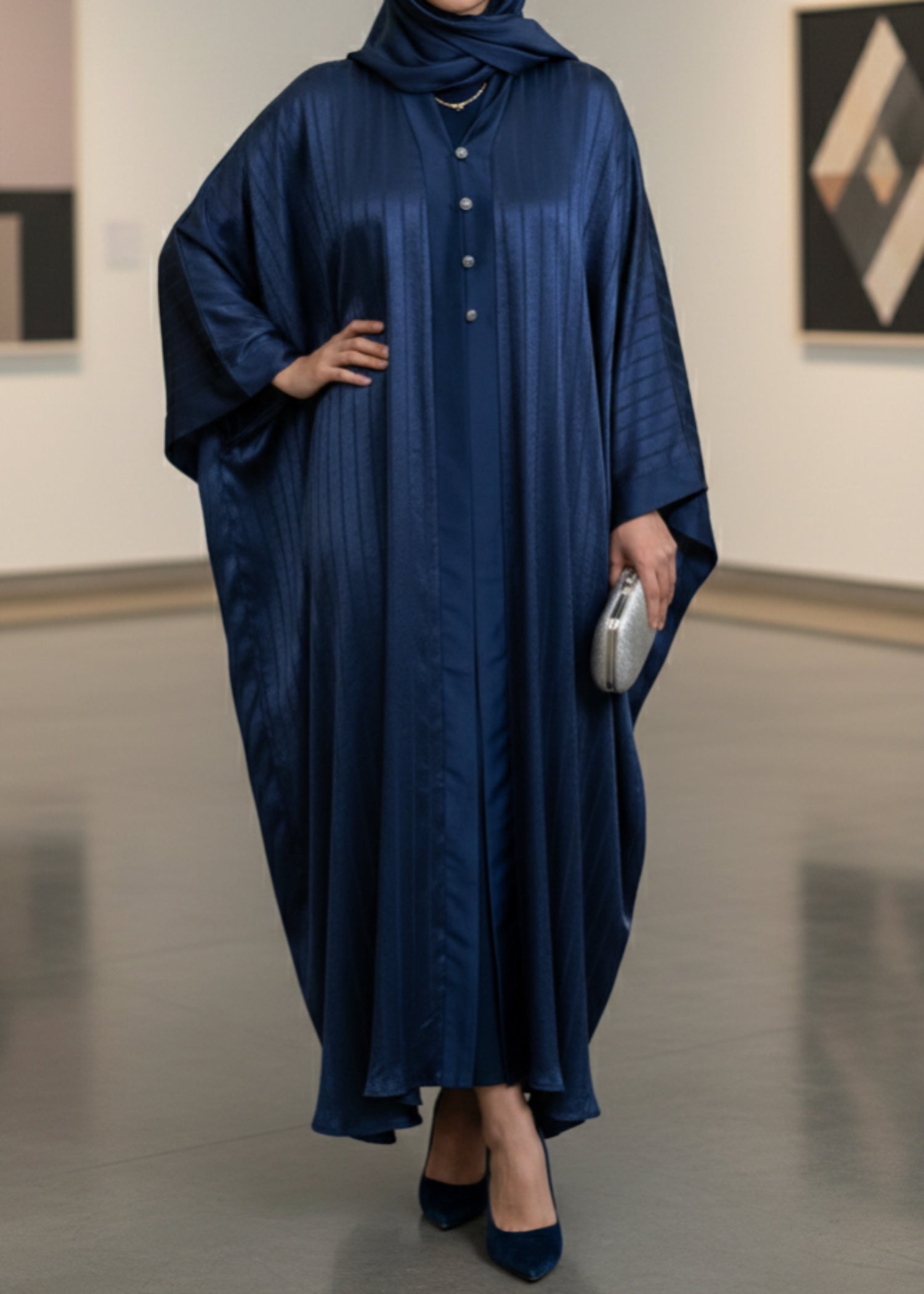 poly silk Abaya in Navy blue