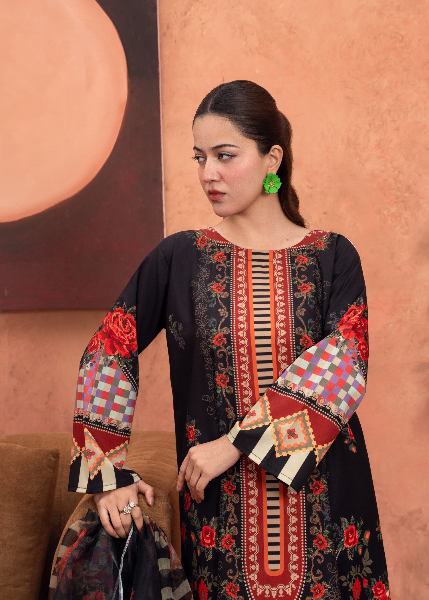silk crepe Kurta Set in Black