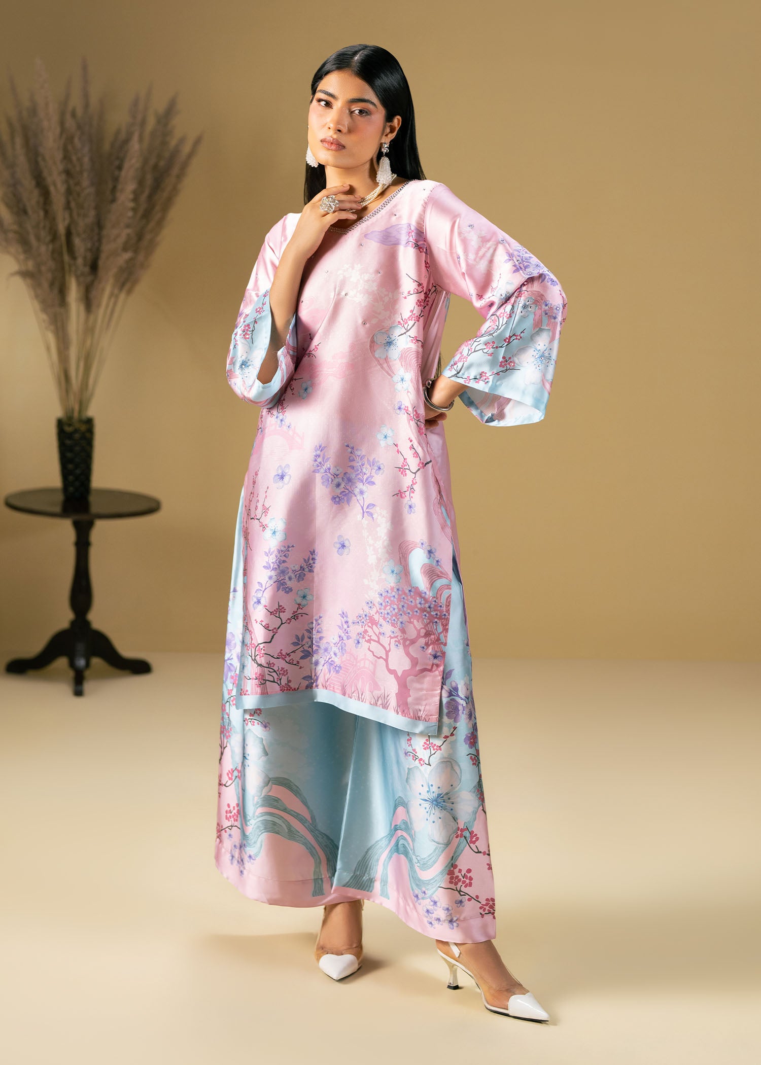 silk charmeuse Kurta Set in Pink