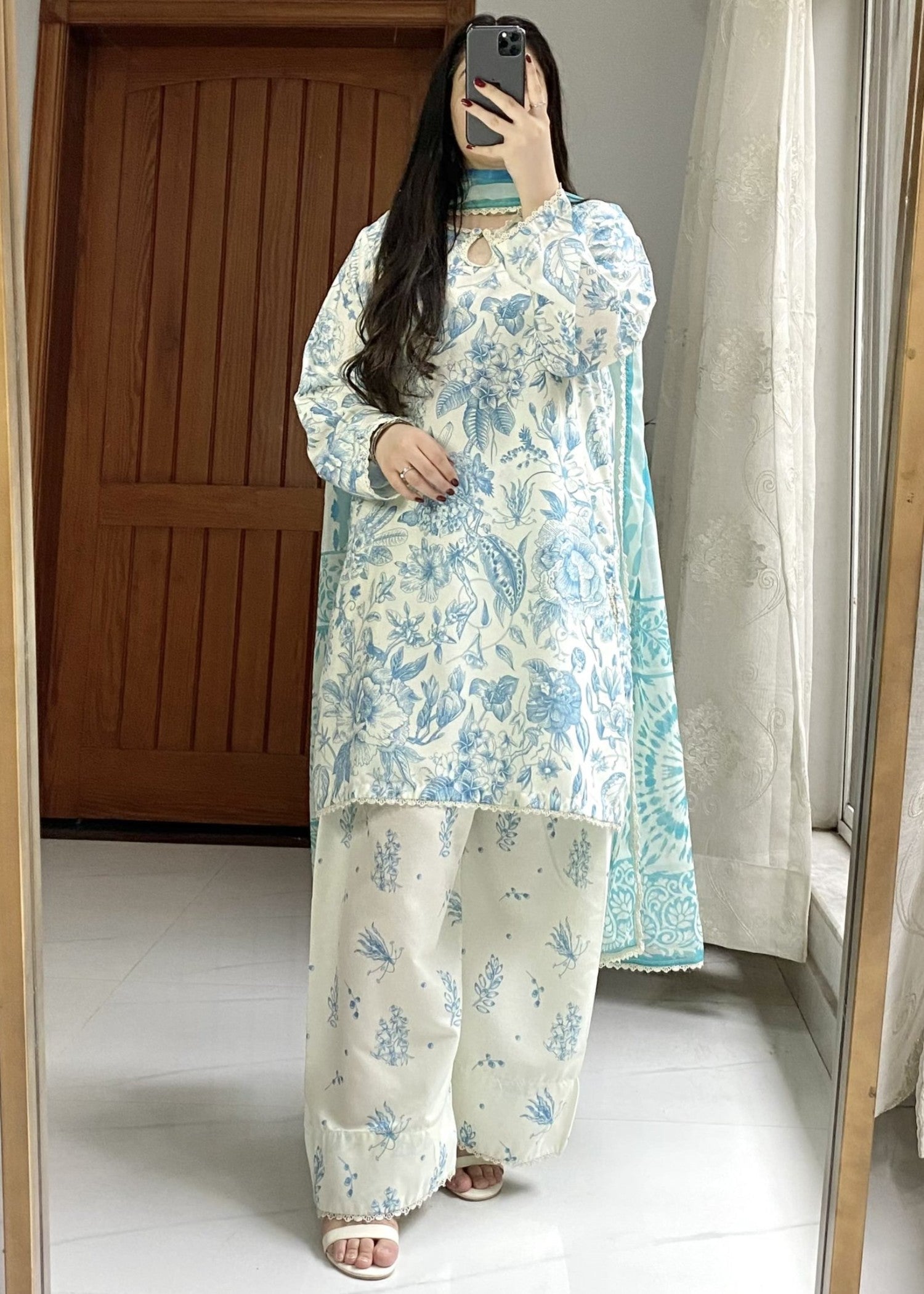 poly lawn Kurta Set in Blue, white