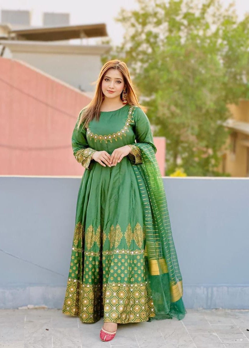 satin silk Anarkali in Green