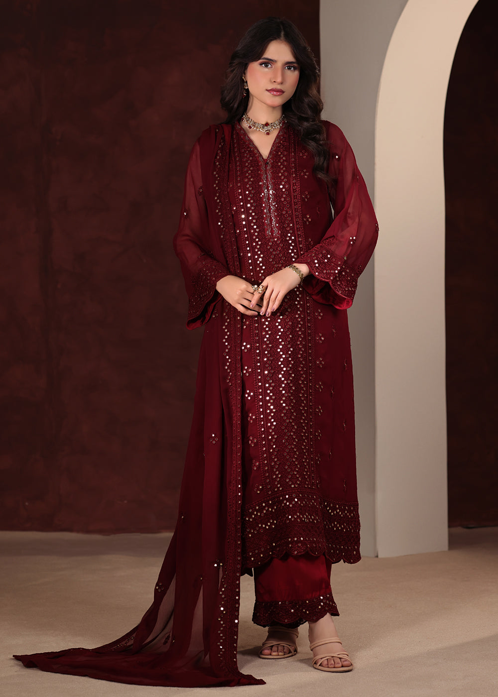 chiffon Kurta Set in Fire red