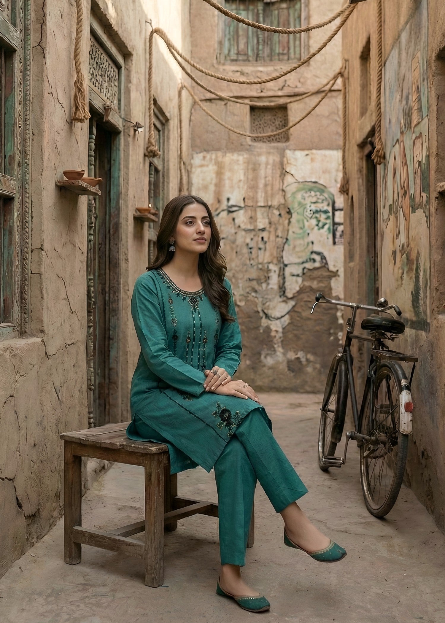 cambric Kurta Set in Teal