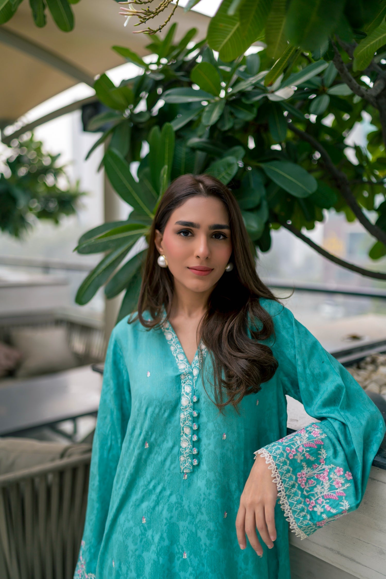 jacquard Kurta Set in Sea green