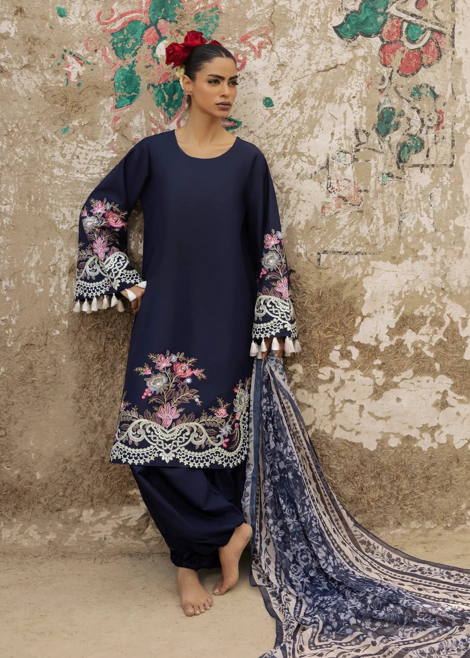 lawn cotton Kurta Set in Midnight blue