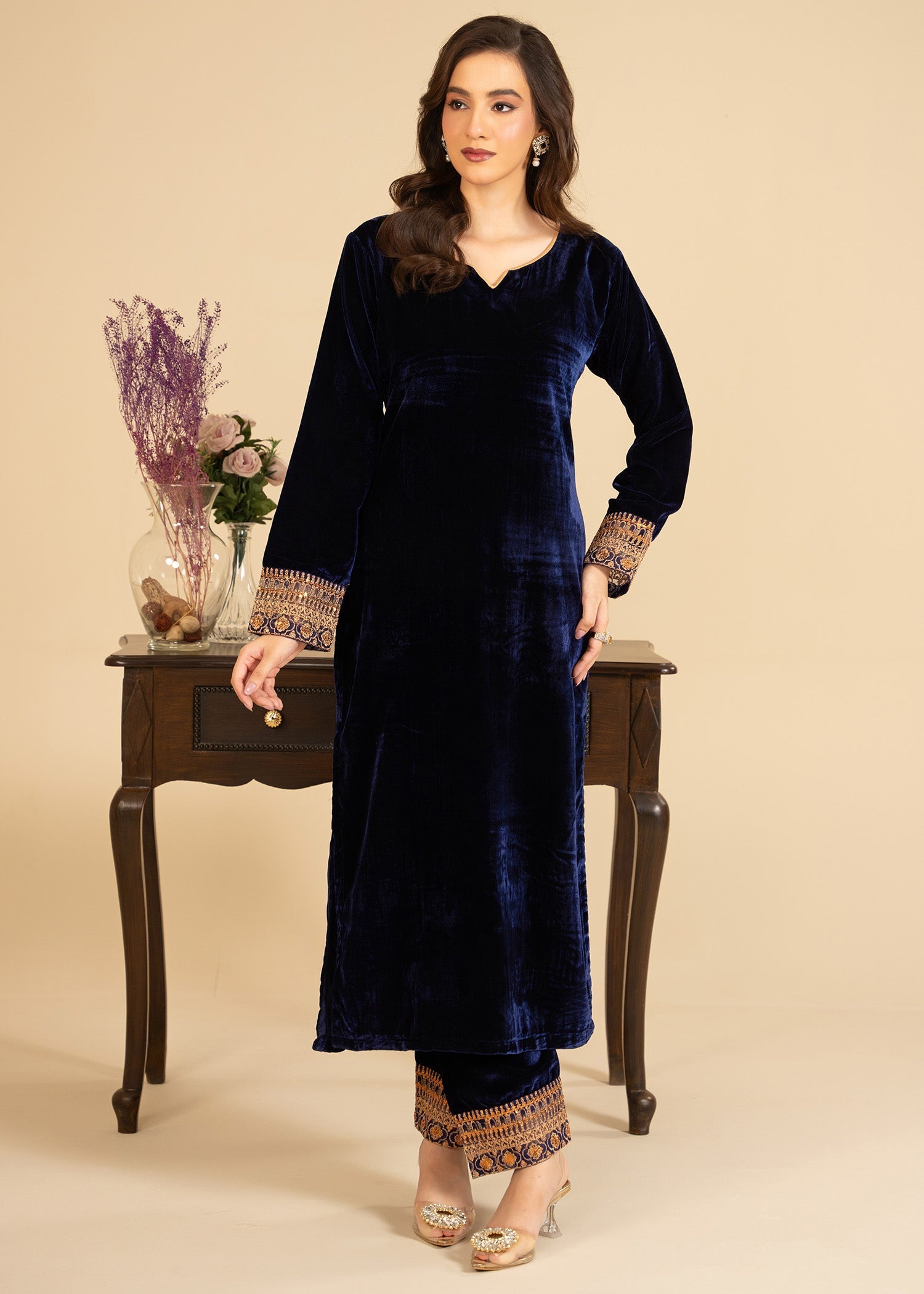 velvet Kurta Set in Navy blue