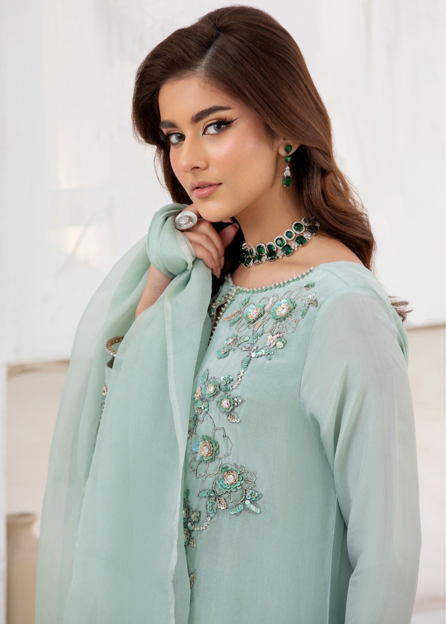 korean raw silk Kurta Set in Meadow green