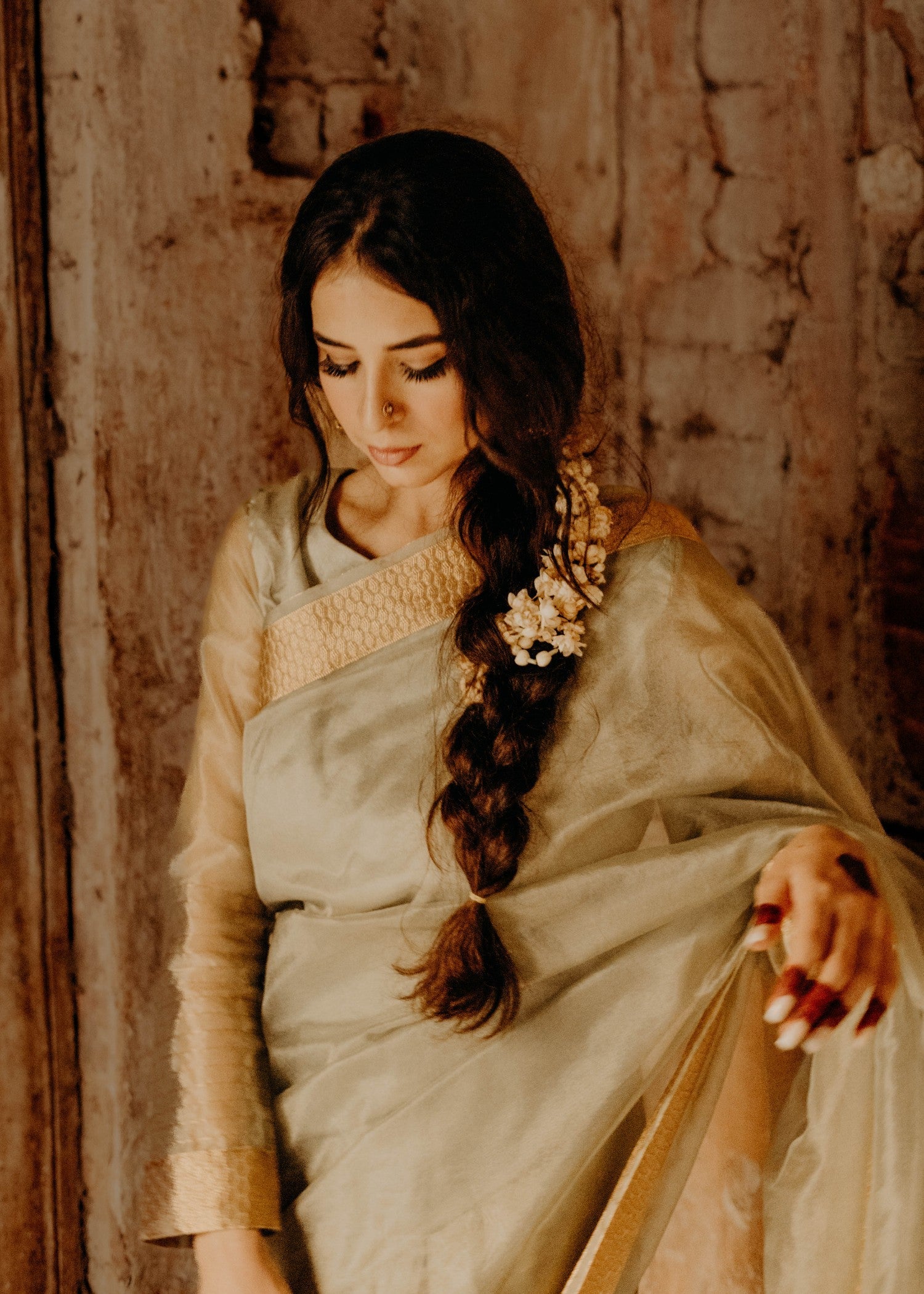 zari organza Saree in Sage green