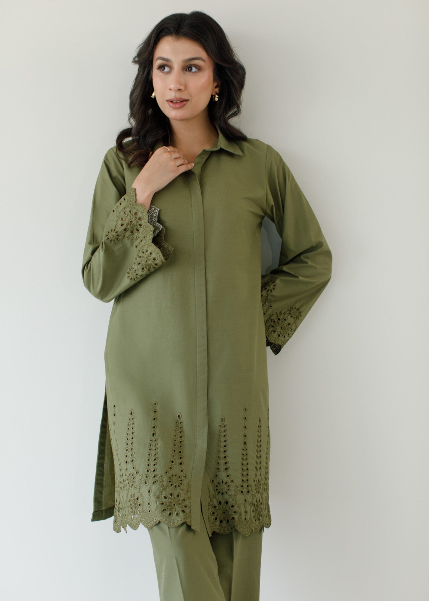 schiffli Co Ord Sets in Olive green