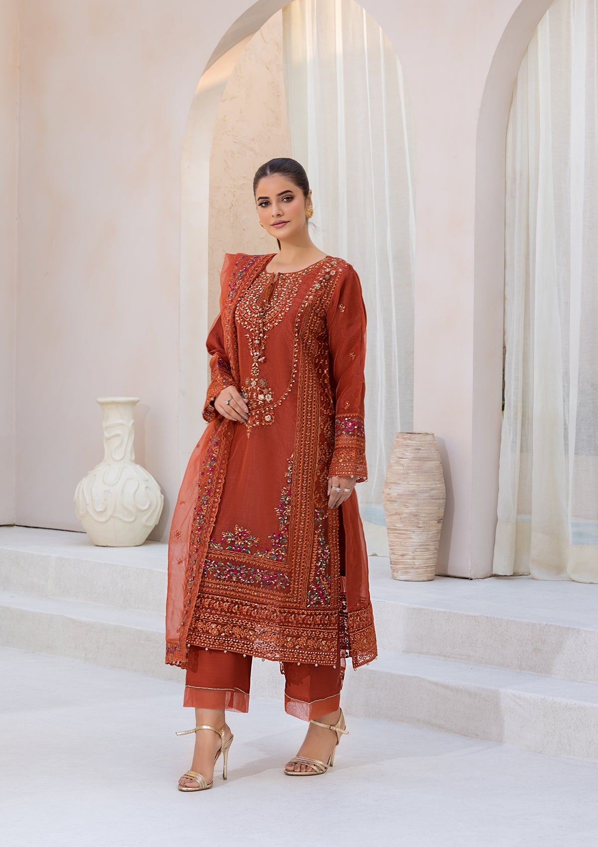organza Kurta Set in Rust red
