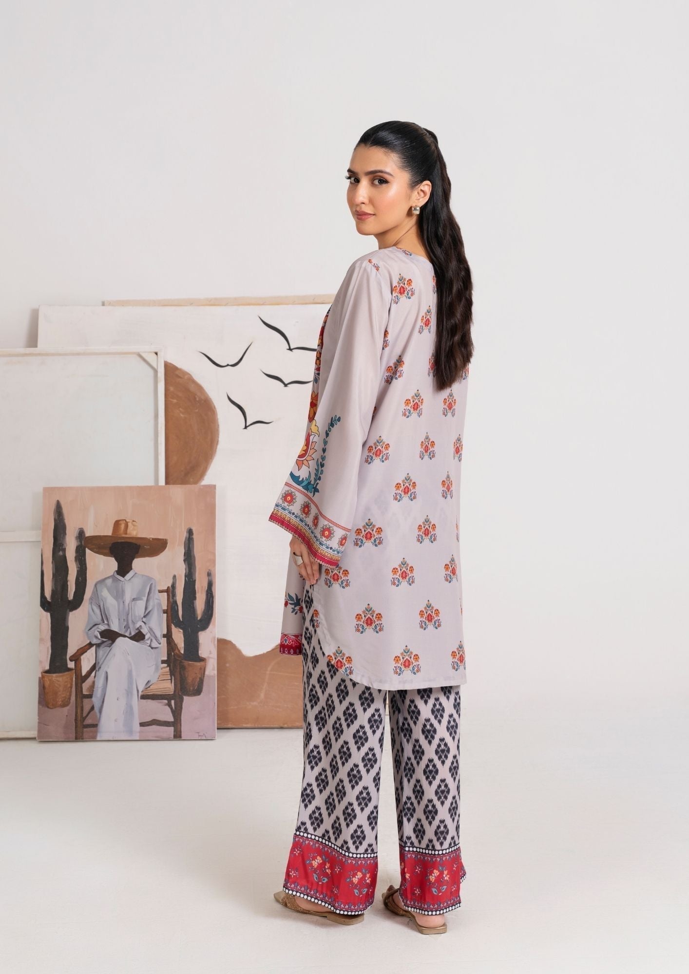 swiss cotton Kurta Set in Grey