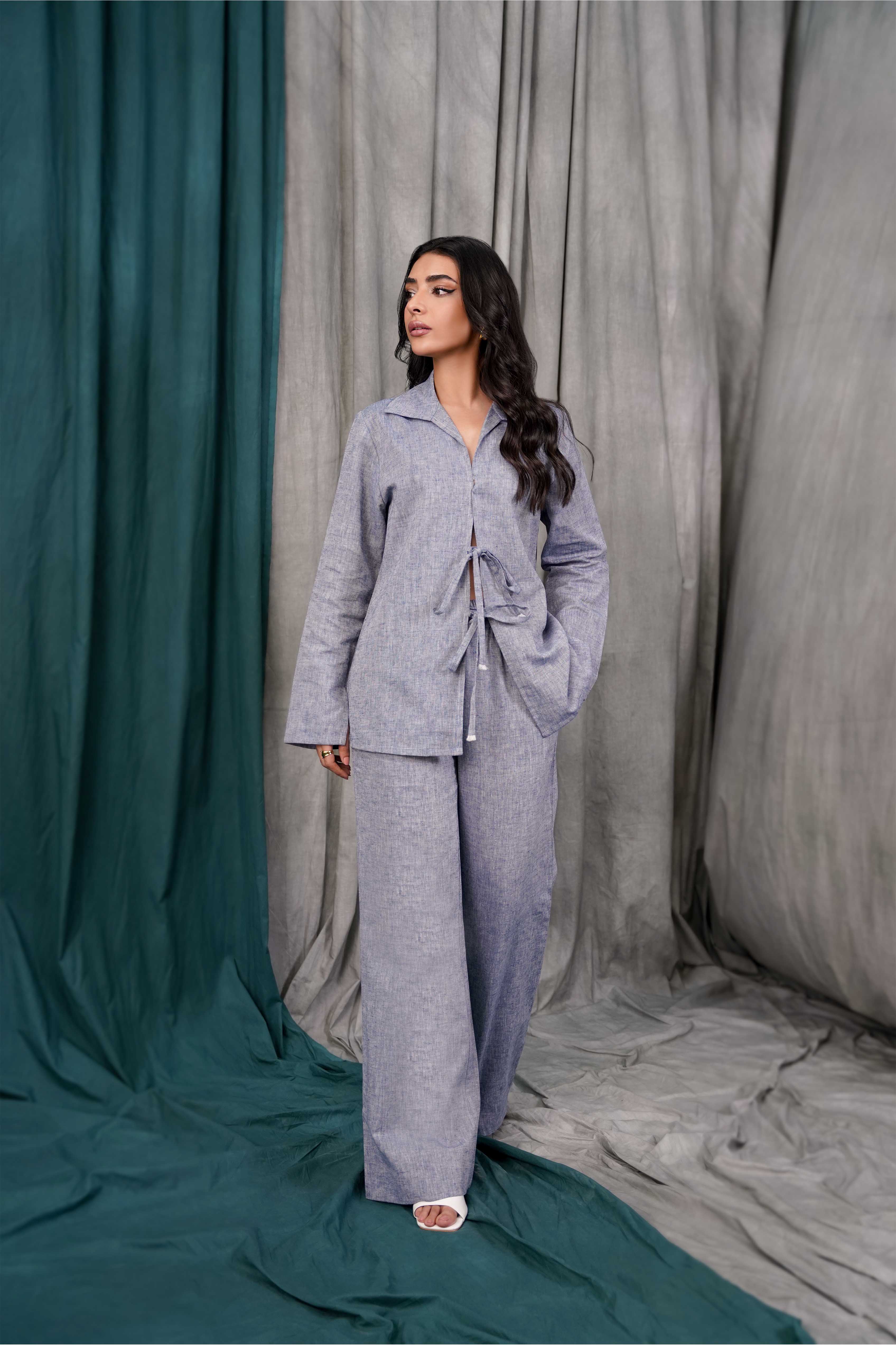 blended linen Co Ord Sets in Steel blue