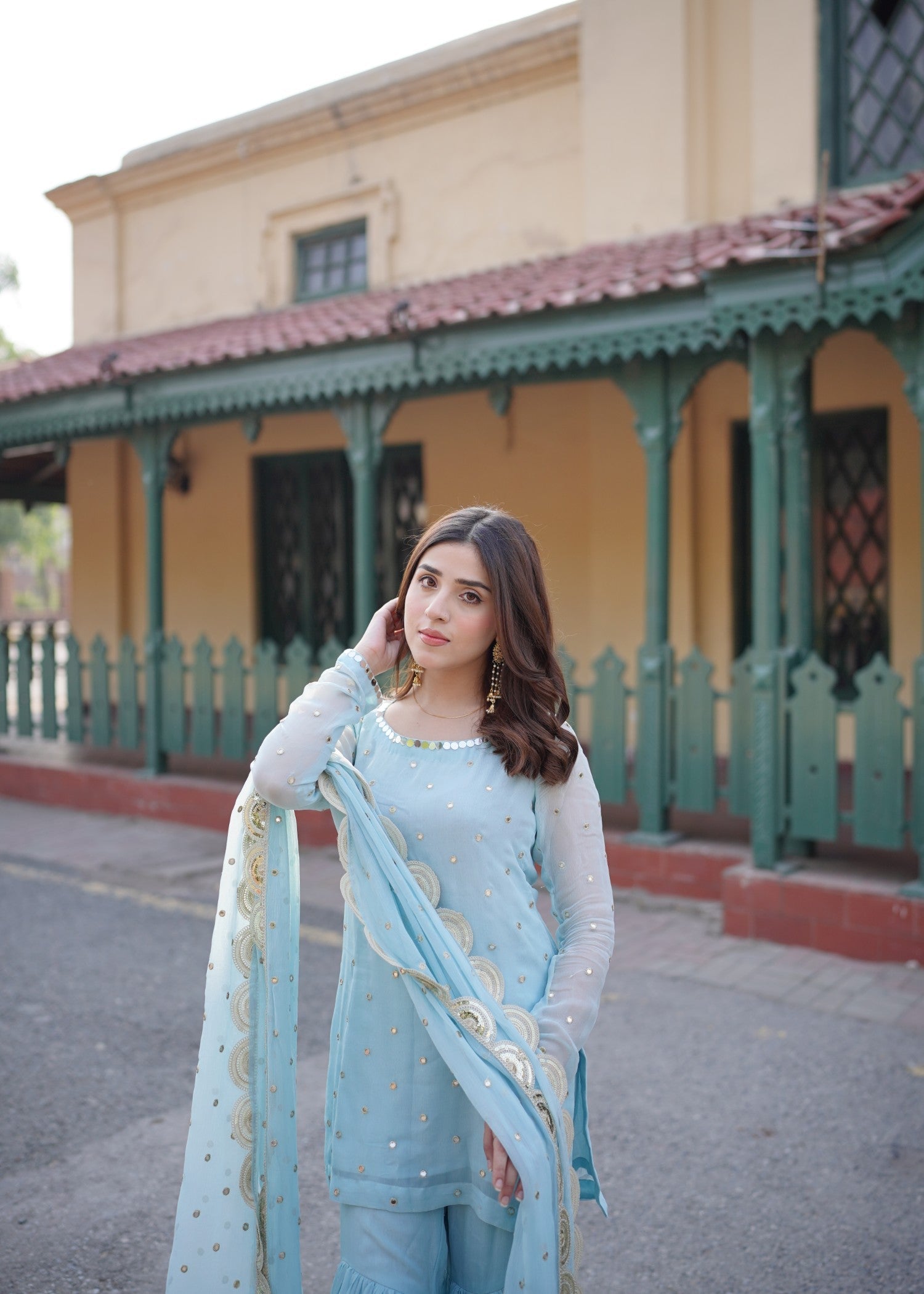 chiffon Gharara in Arctic blue