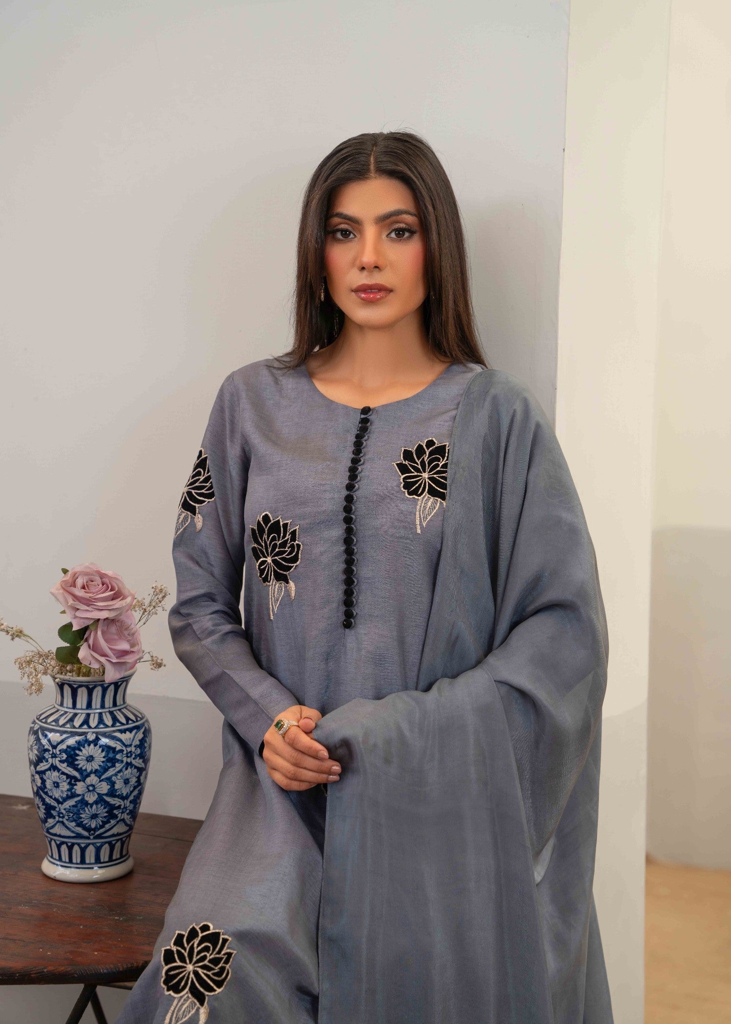 silk Kurta Set in Steal grey