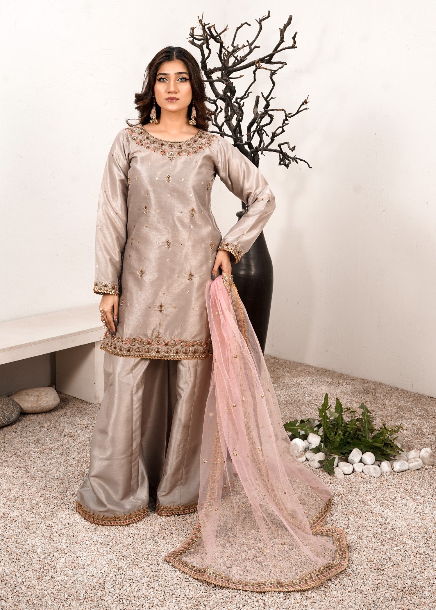 tussar silk Sharara in Tan brown