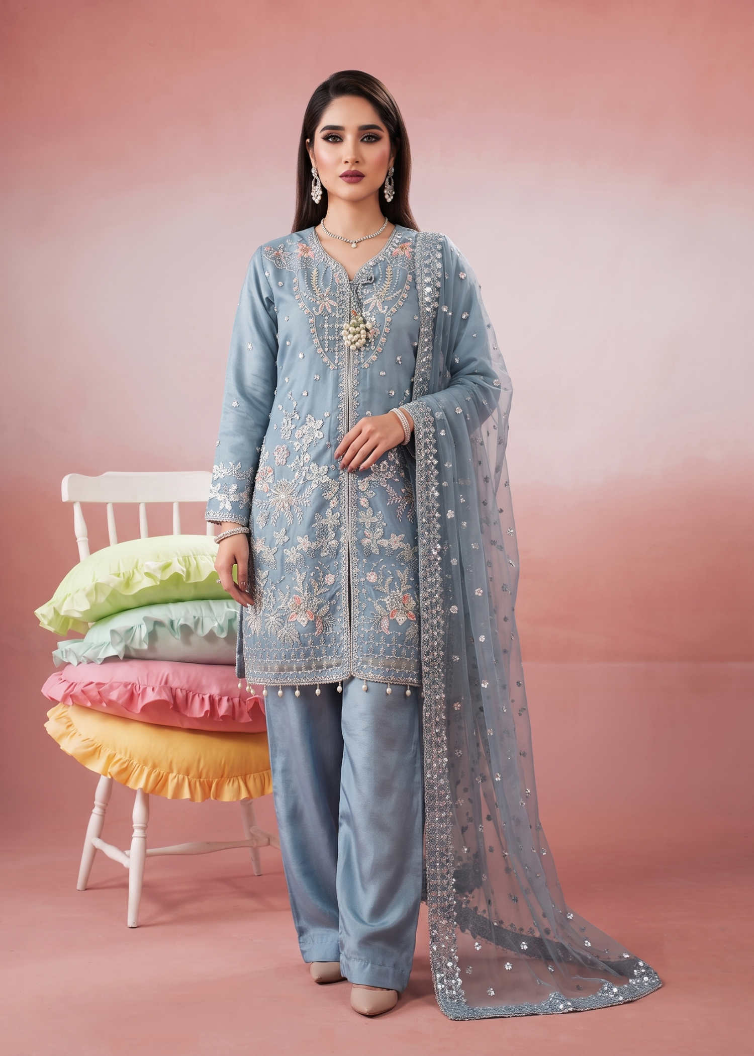 organza Kurta Set in Duck egg grey
