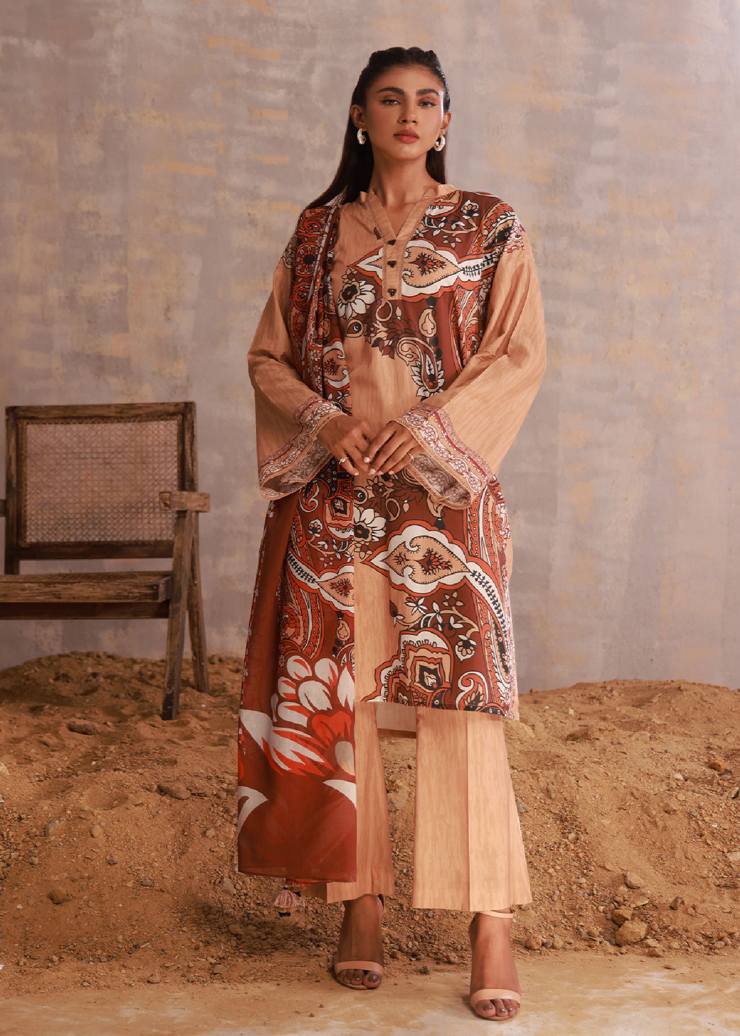 cambric Kurta Set in Peach pink
