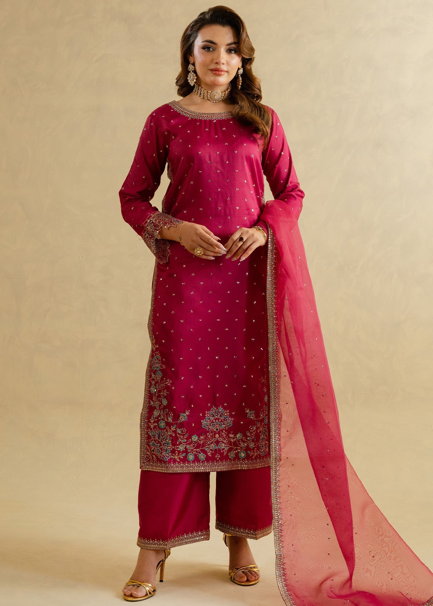 silk Kurta Set in Magenta