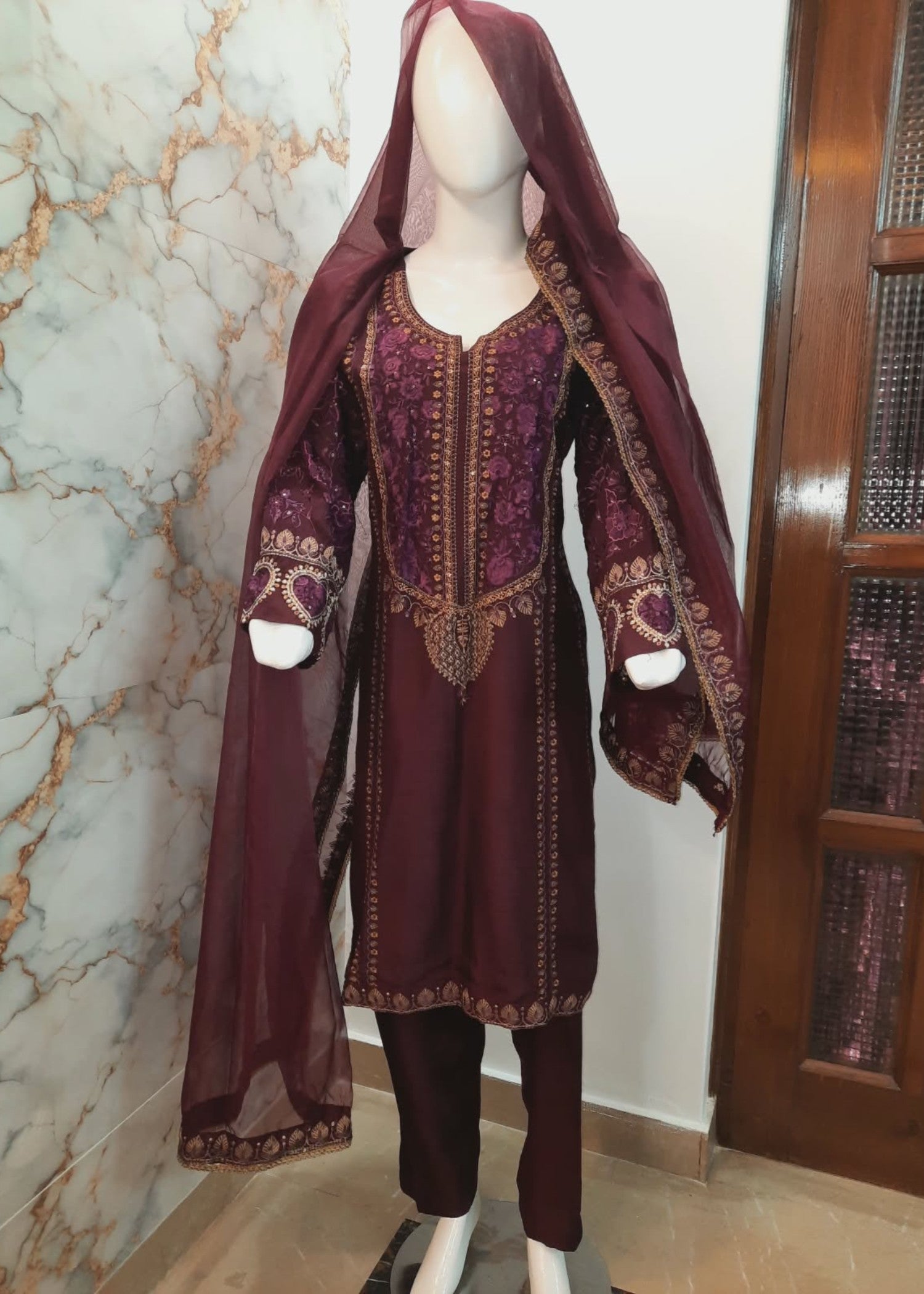 raw silk Unstitched in Maroon