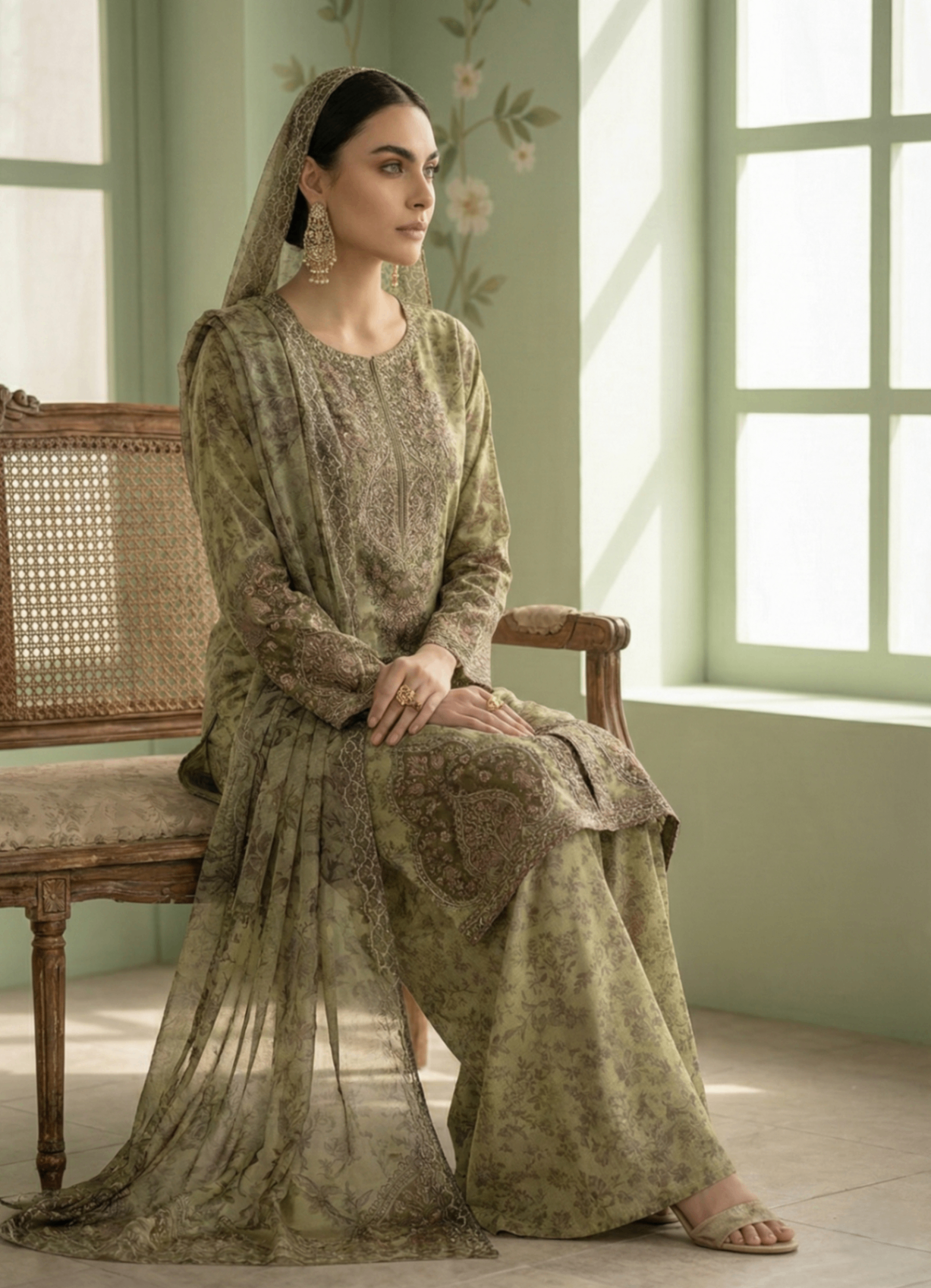 silk finish lawn Kurta Set in Olive green