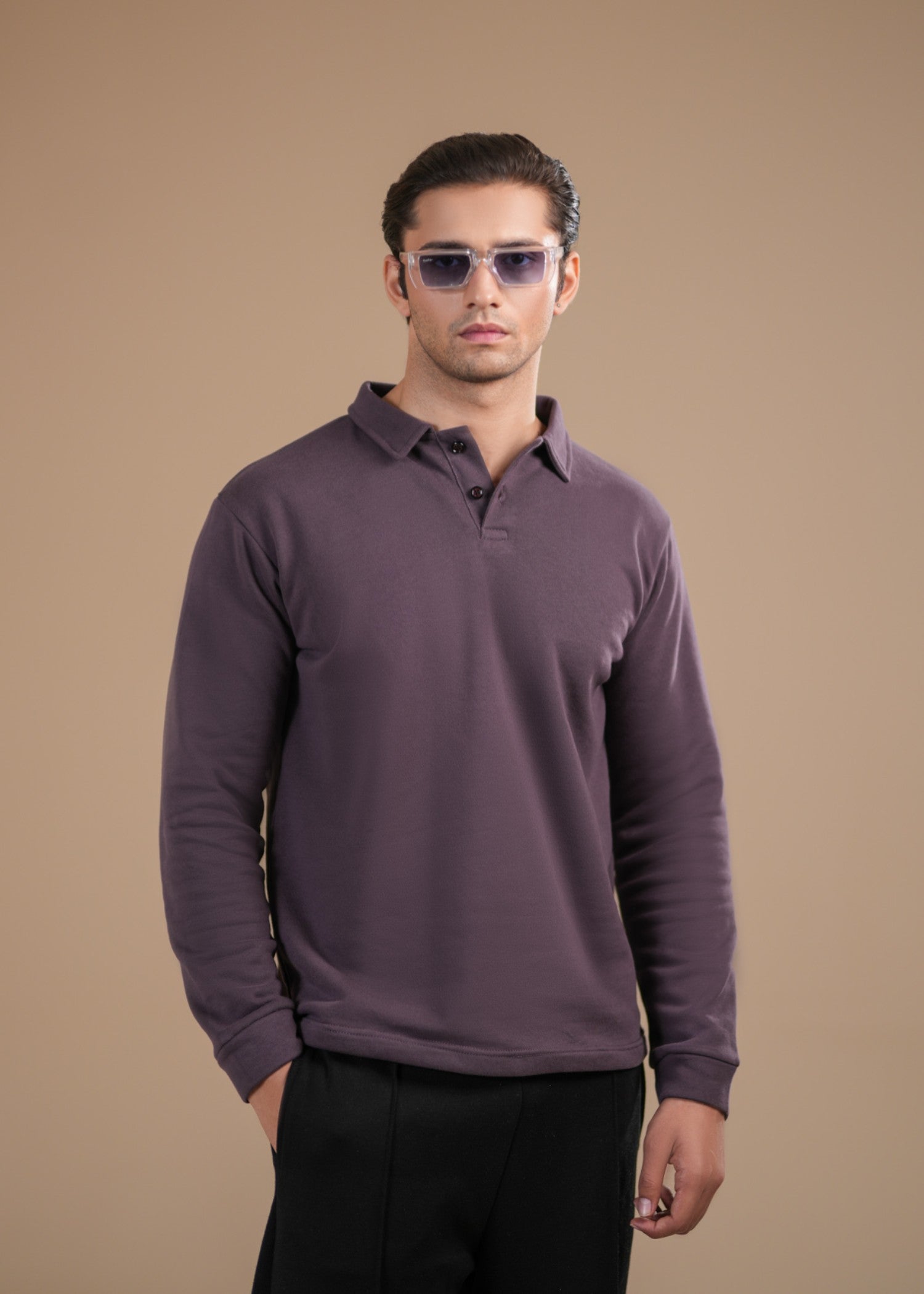 fleece Polo Shirt in Purple by Muraqsh West