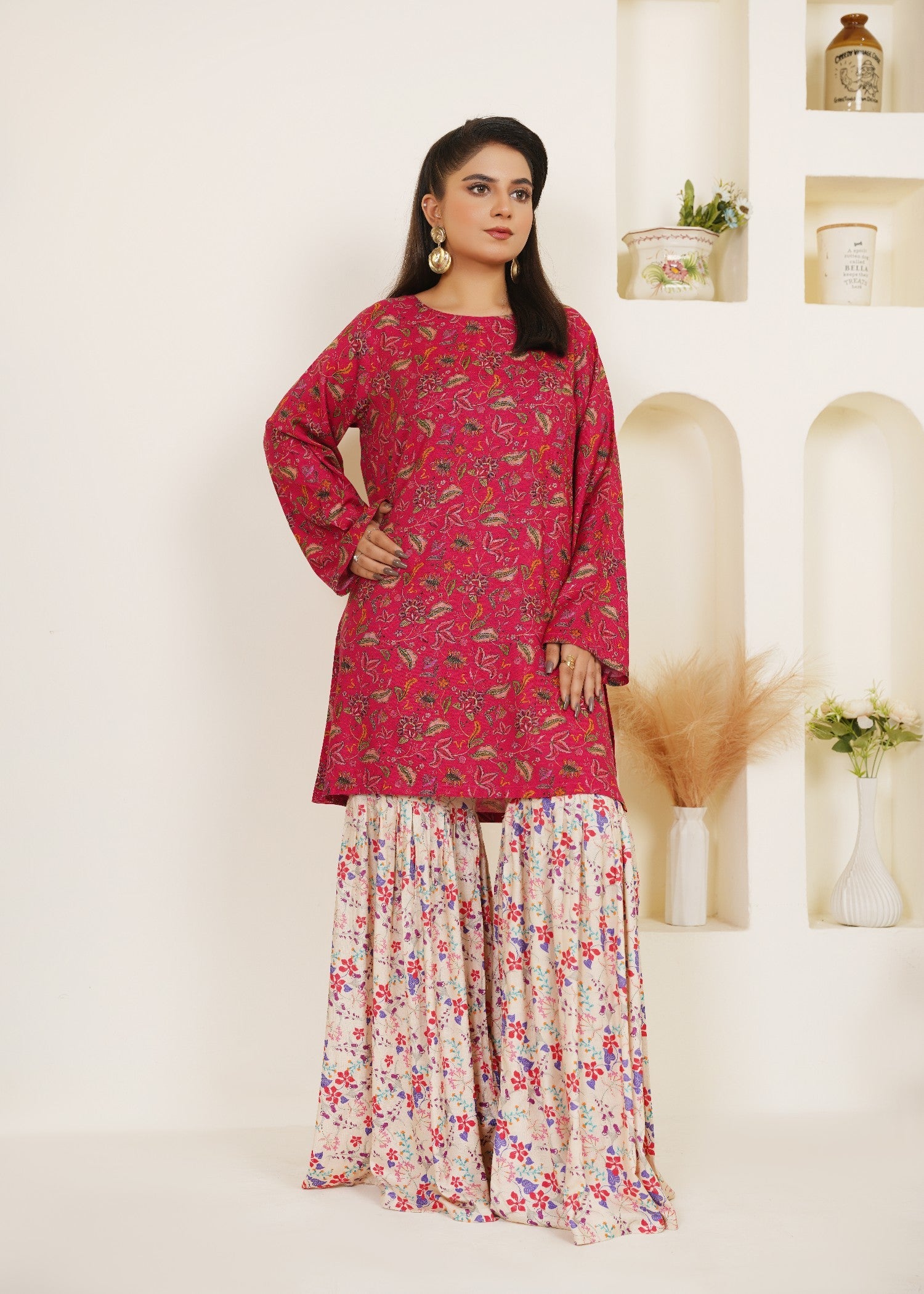 peach wool Gharara in Milk, deep pink