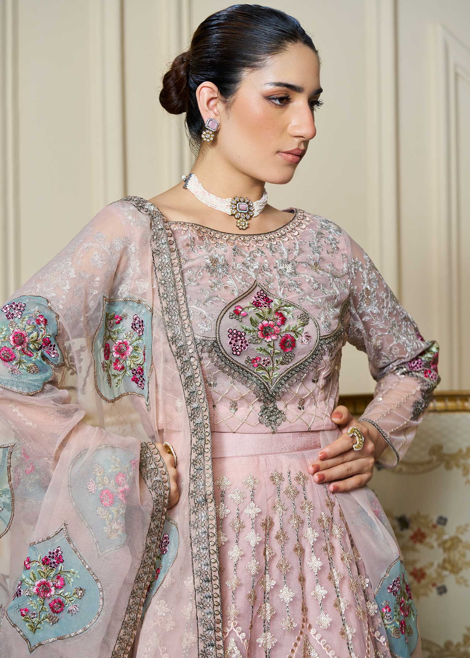 silk cotton net Lehenga in Baby pink