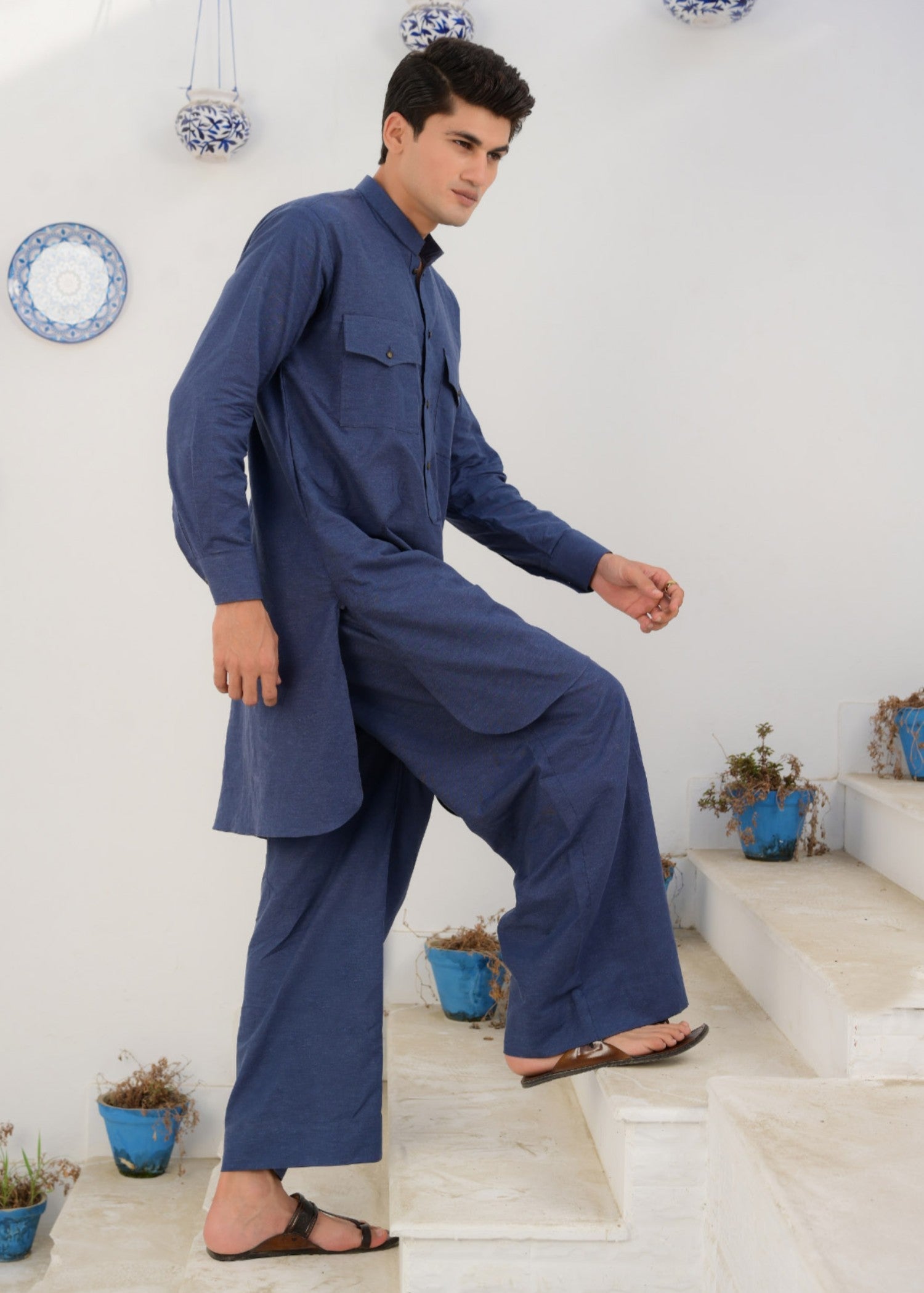 irish linen Kurta Set in Dark blue